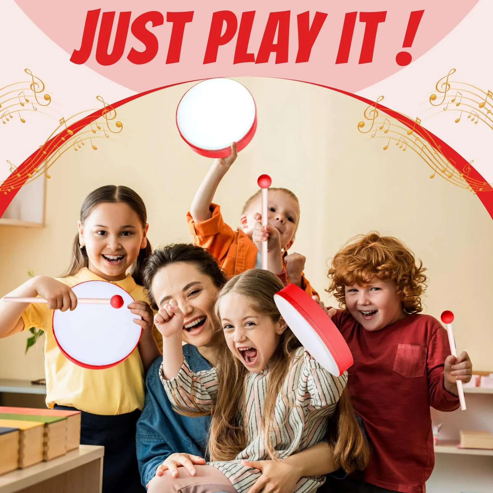 4 Pcs Kids Hand Drum Adults Wood Frame Drum Set with Drum Stick 12 Inch 10 Inch 8 Inch 6 Inch Percussion Musical Instruments for School Kids Adults Beginners Home Party Supplies (Red) Red - Image 7