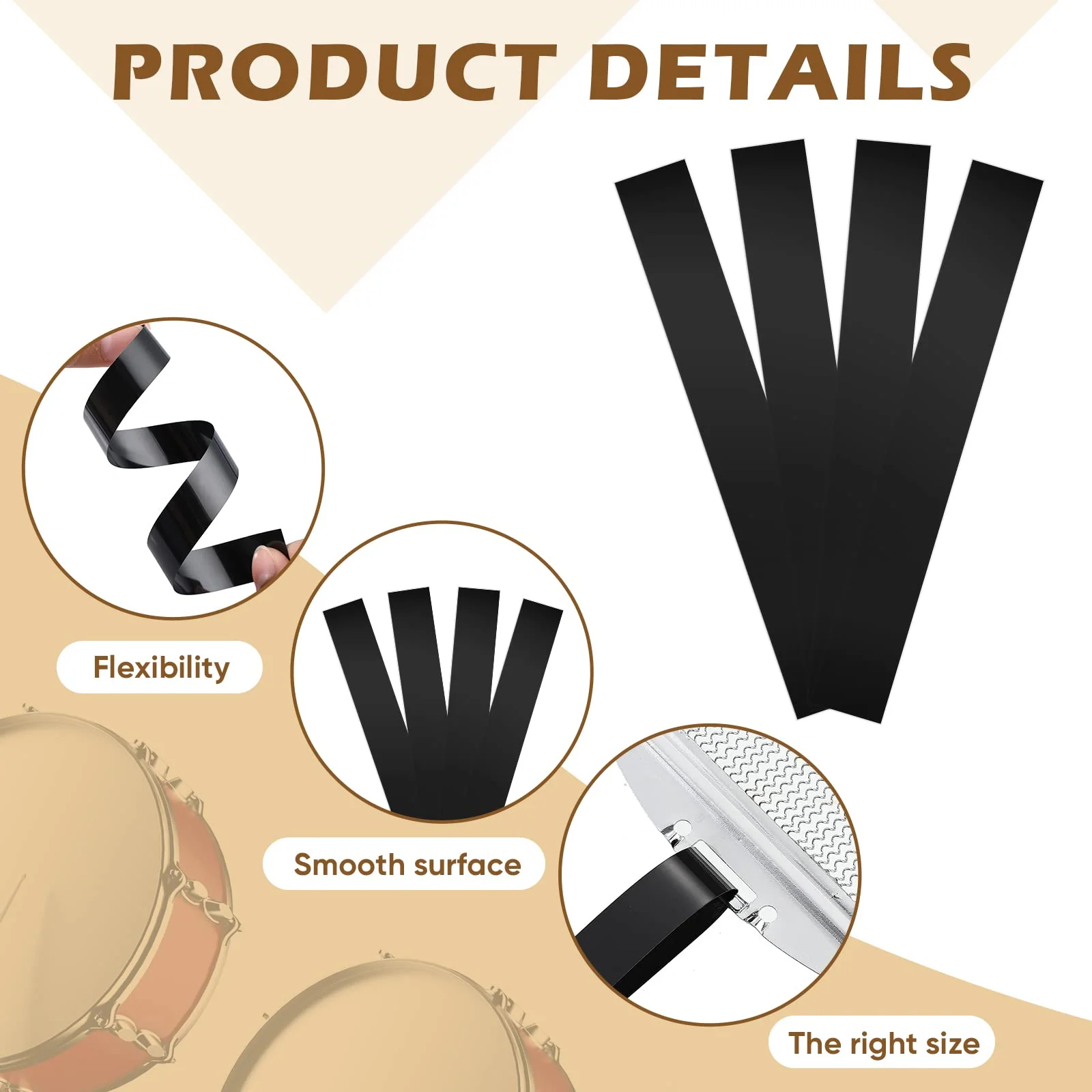 4 Pcs Polyester Film Straps Black Snare Wire Snare Drum Wire Snare Strip Snare Wire Trapping Kit Snare Wire Belt for 14 Inch Snare Drum - Image 3