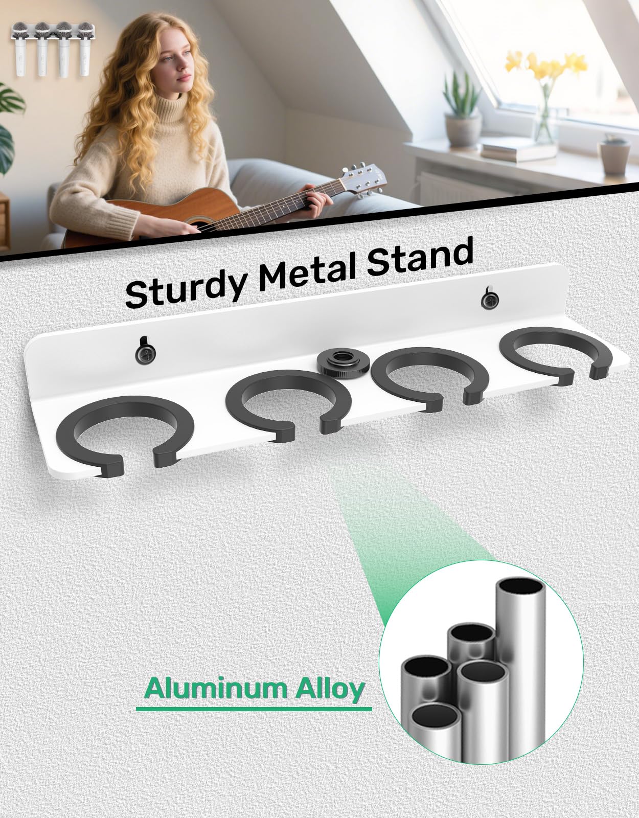 4-Slot White Multi Microphone Holder for Wired and Wireless Mics, Hold Up to 4 Mics, Multiple Mic Organizer Storage for Mic Stand, Rubber Padding/Wall Mounted or Mounted to 5/8"-27 or 3/8"-16 Stand - Image 3