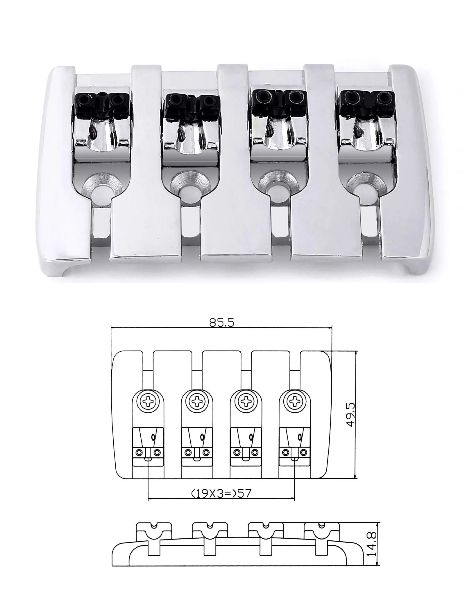 4 string Bass Bridge Adjustable Saddles Tailpiece Top Load with Screws for Electric Jazz Bass P Bass Parts Chrome. - Image 2