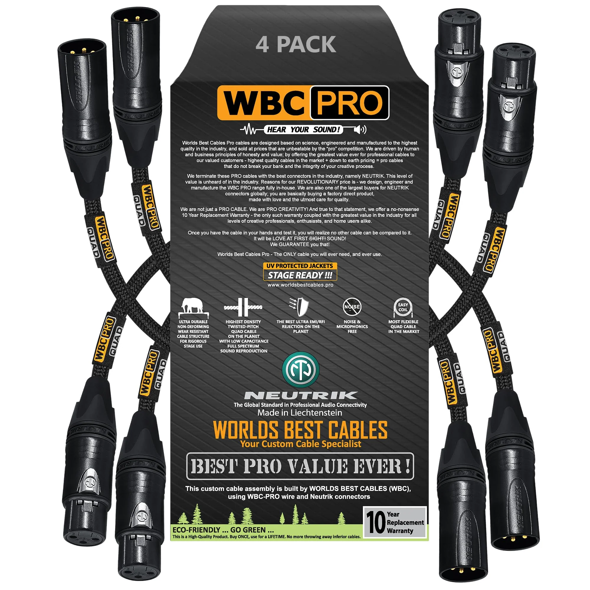 4 Units - 1.5 Foot - WBC-PRO-Quad Ultra-Silent Ultra-Flexible Balanced Star-Quad Cable with Neutrik Male & Female XLR Plugs & Black Tweed Jacket