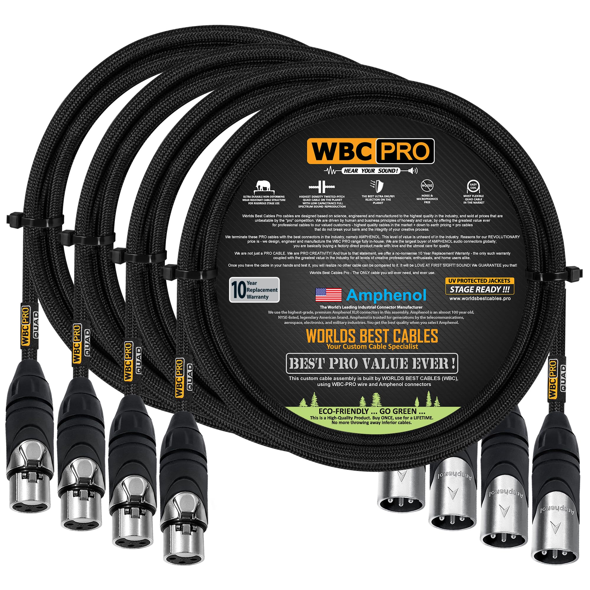 4 Units - 2 Foot - WBC-PRO-Quad Ultra-Silent Ultra-Flexible Balanced Star-Quad Cable with Amphenol Male & Female XLR Plugs & Black Tweed Jacket