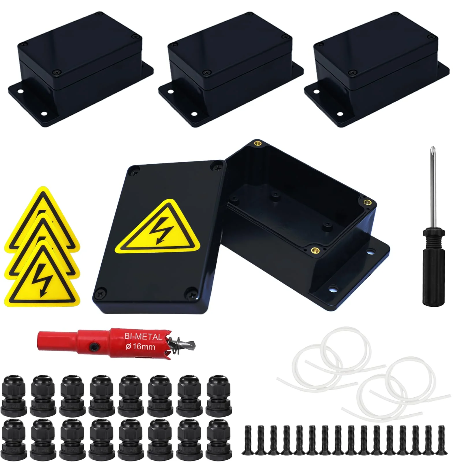 4 x Junction Boxes, IP67 Black Junction Box, Waterproof, 100 x 68 x 50 mm, Surface-Mounted Junction Box, Electronic Housing with 16 Cable Glands, Safety Shields, Hole Saw 16 mm, Screwdriver