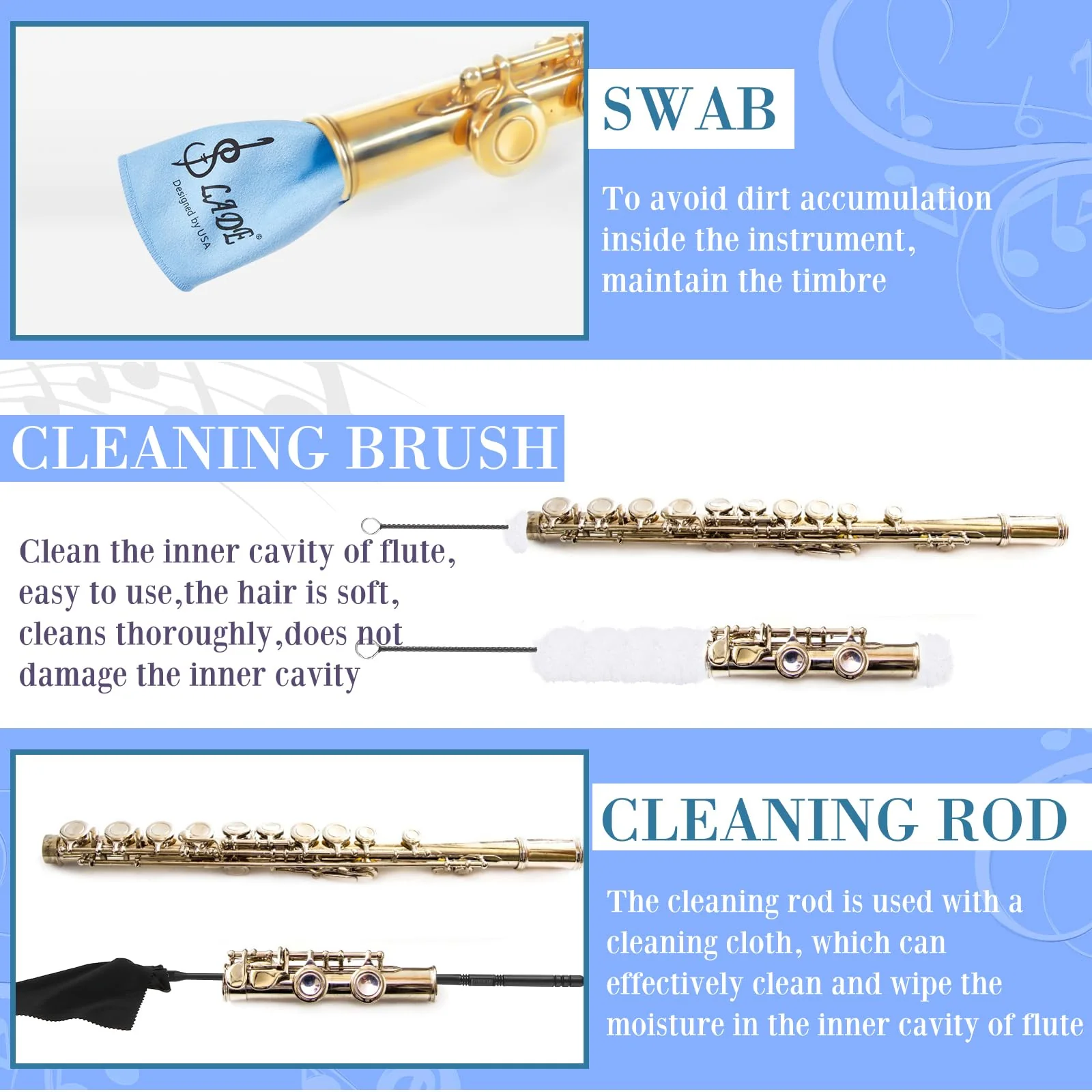 40 Pcs Flute Cleaning Kit Flute Accessories All in 1 Flute Cleaner Kit Maintenance Kit Care Kit with Flute Cleaning Brush Flute Cleaning Rod Flute Swab Flute Plugs Thumb Rest Cushion (Blue) Blue - Image 4