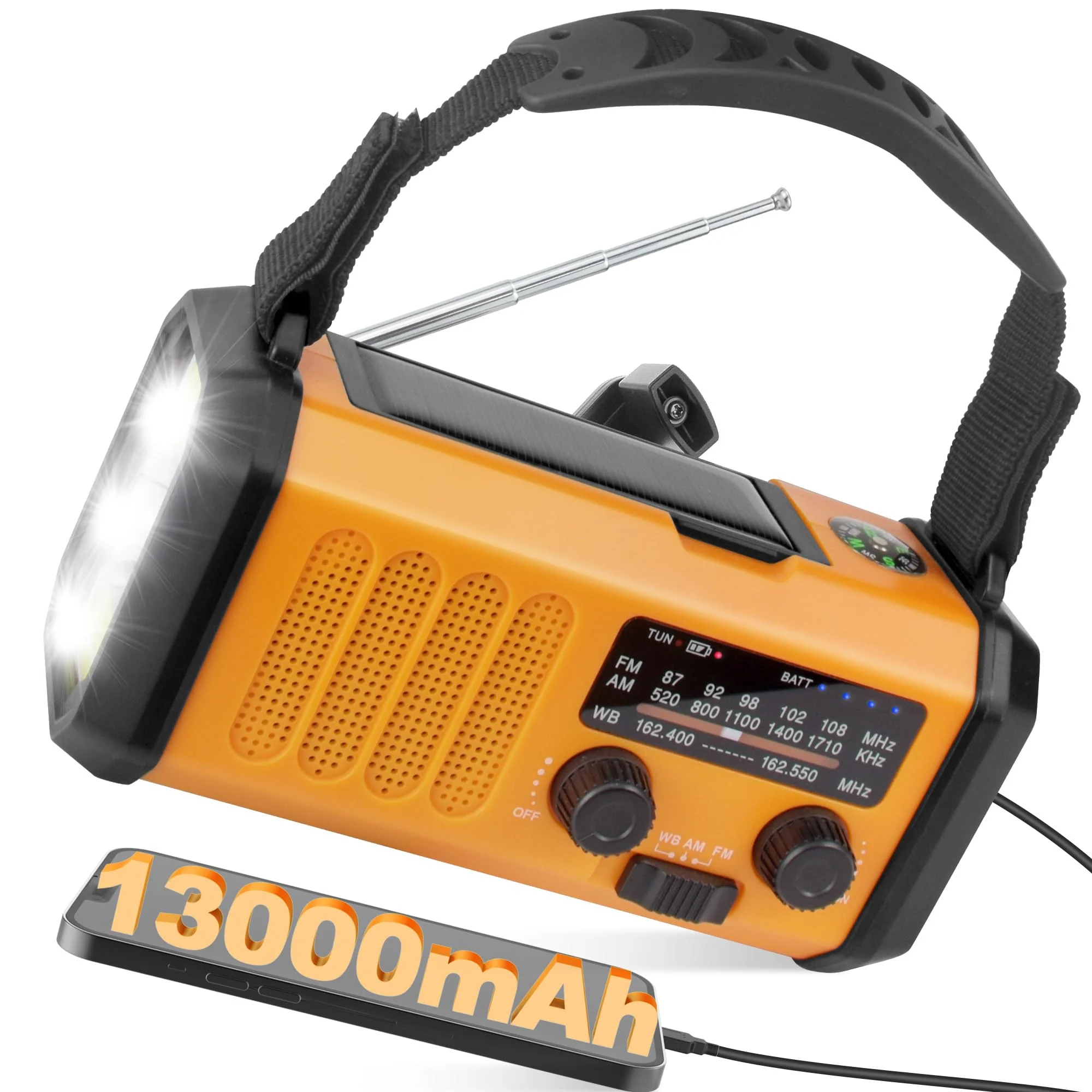 48100mWh/13000mAh Emergency Weather Radio, 4 Way Powered AM/FM/NOAA Portable Solar Crank Radio, Dynamo Phone Charger,700LM LED Flashlight/Reading Lamp,SOS,Compass for Hurricane Storm Camping Survival 13000mAh(Orange)