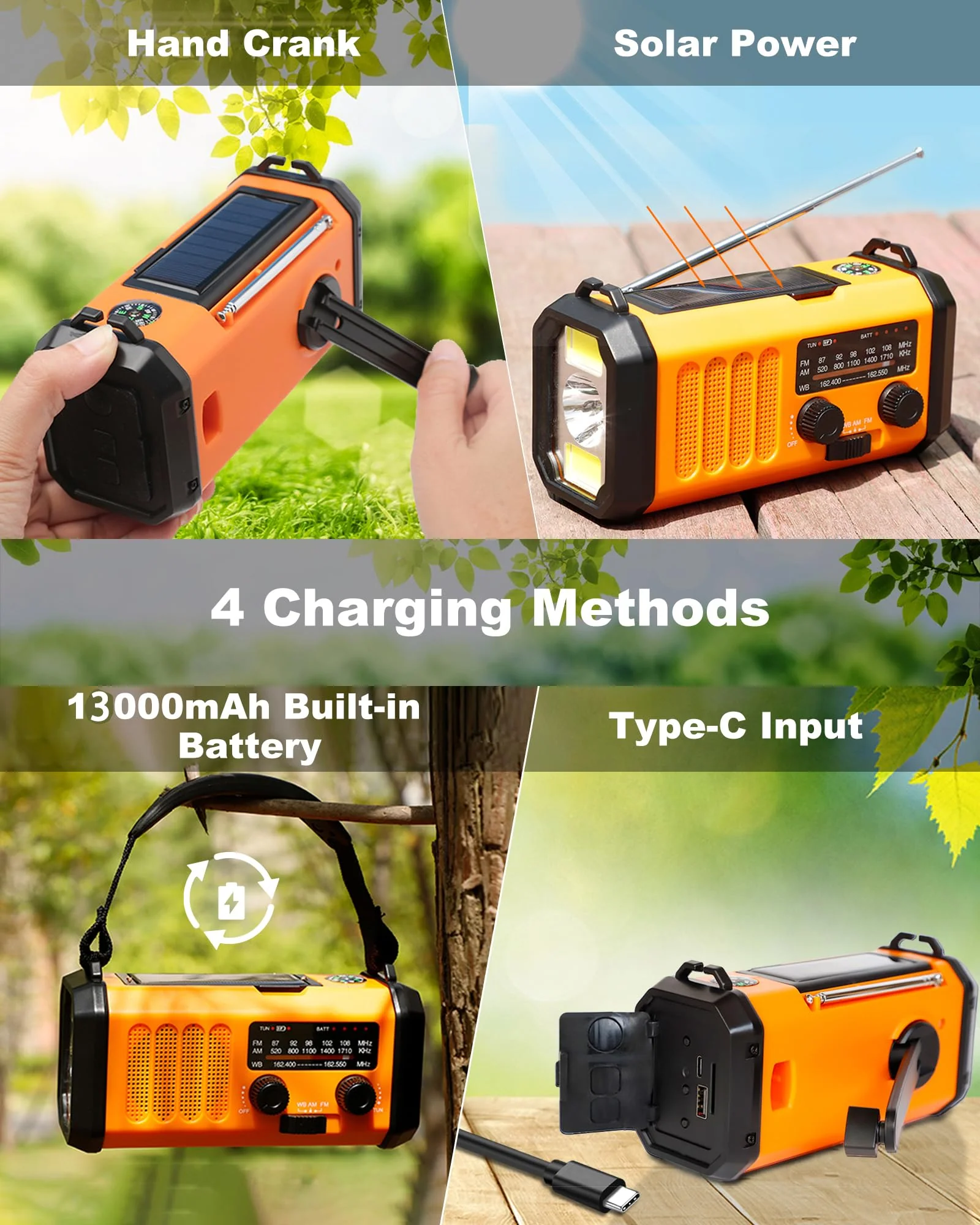 48100mWh/13000mAh Emergency Weather Radio, 4 Way Powered AM/FM/NOAA Portable Solar Crank Radio, Dynamo Phone Charger,700LM LED Flashlight/Reading Lamp,SOS,Compass for Hurricane Storm Camping Survival 13000mAh(Orange) - Image 3