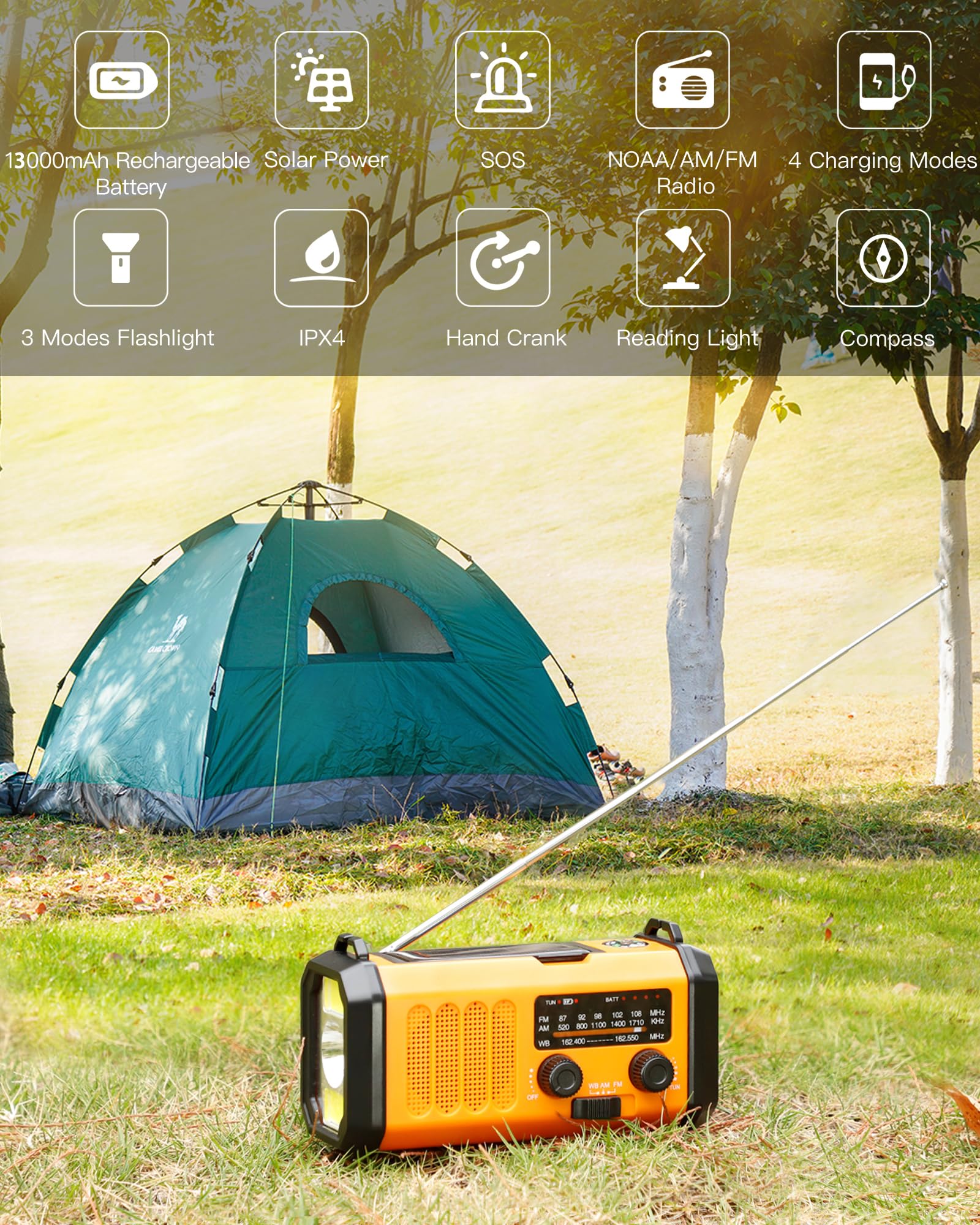 48100mWh/13000mAh Emergency Weather Radio, 4 Way Powered AM/FM/NOAA Portable Solar Crank Radio, Dynamo Phone Charger,700LM LED Flashlight/Reading Lamp,SOS,Compass for Hurricane Storm Camping Survival 13000mAh(Orange) - Image 4