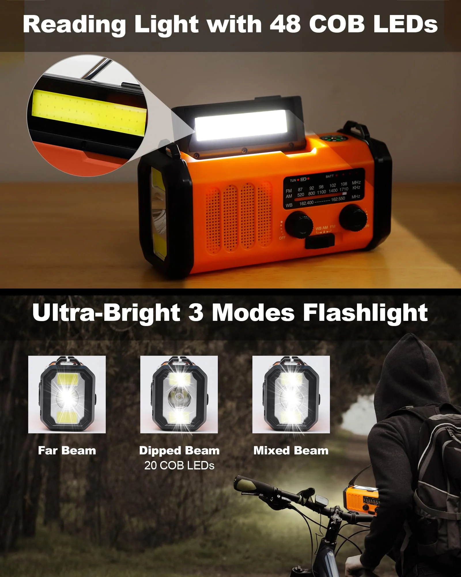 48100mWh/13000mAh Emergency Weather Radio, 4 Way Powered AM/FM/NOAA Portable Solar Crank Radio, Dynamo Phone Charger,700LM LED Flashlight/Reading Lamp,SOS,Compass for Hurricane Storm Camping Survival 13000mAh(Orange) - Image 5