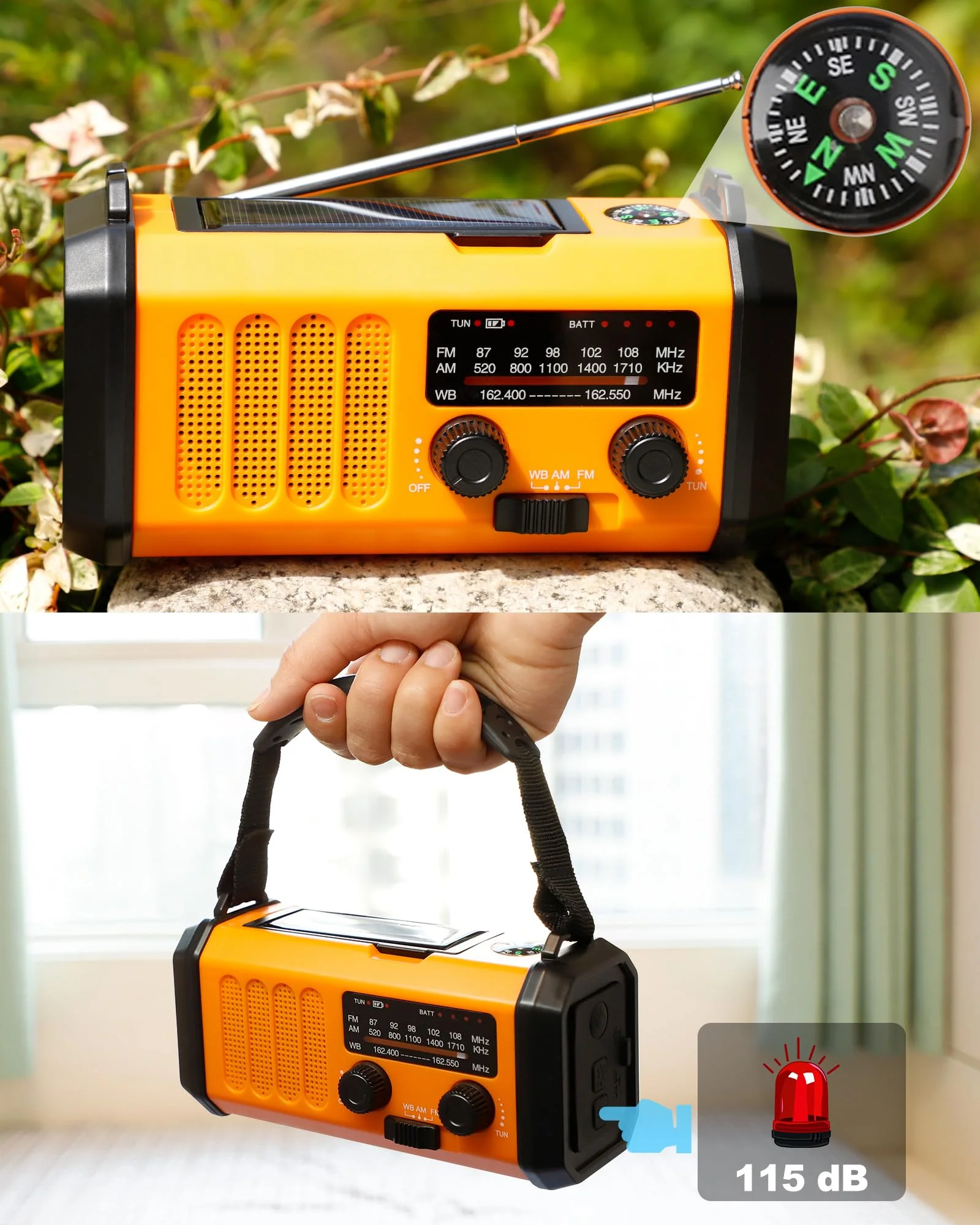 48100mWh/13000mAh Emergency Weather Radio, 4 Way Powered AM/FM/NOAA Portable Solar Crank Radio, Dynamo Phone Charger,700LM LED Flashlight/Reading Lamp,SOS,Compass for Hurricane Storm Camping Survival 13000mAh(Orange) - Image 6