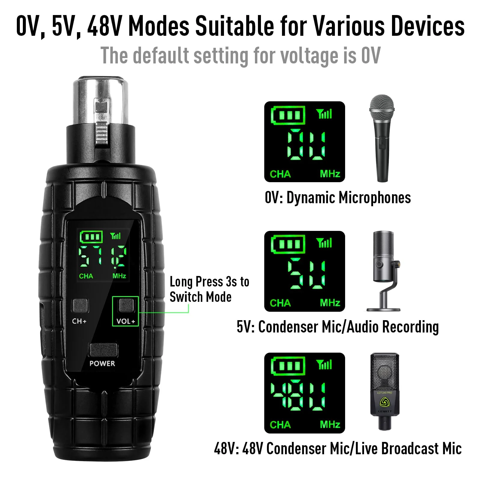 48V Phantom Power Wireless XLR Transmitter Receiver - 0V/5V/48V Switchable Adapter for Dynamic & Condenser Microphones - 16CH UHF System for Mixer PA DJ Guitar - Image 3