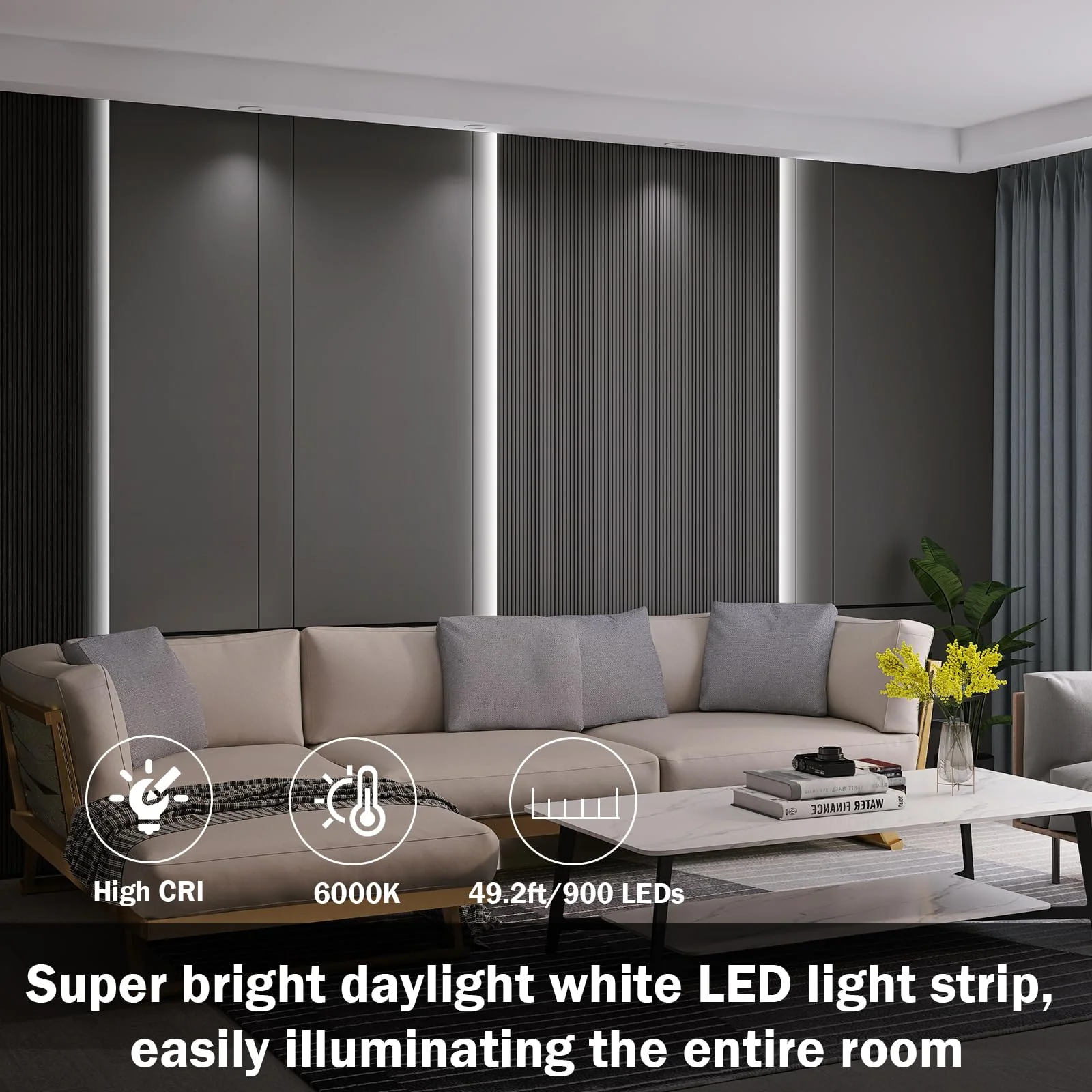 49.2ft USB LED Light Strip White with Battery Box (Batteries Not Included), Daylight LED White Strip Lights Cuttable LEDs for Bedroom, Mirror, Party, Camping, Birthday, Christmas, 8.2ft x 6 49.2ft White Light Strips - Image 5
