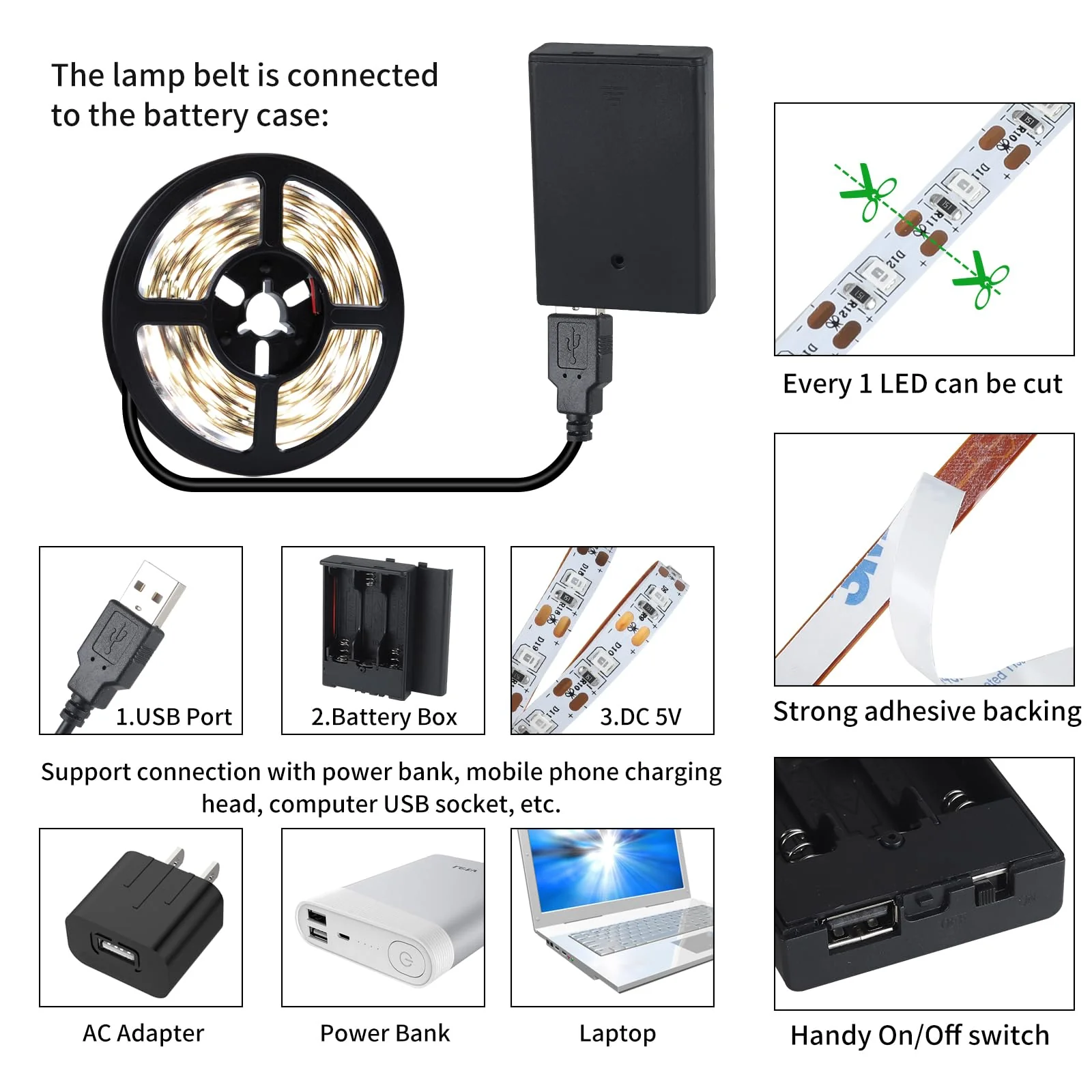 49.2ft USB LED Light Strip White with Battery Box (Batteries Not Included), Daylight LED White Strip Lights Cuttable LEDs for Bedroom, Mirror, Party, Camping, Birthday, Christmas, 8.2ft x 6 49.2ft White Light Strips - Image 6