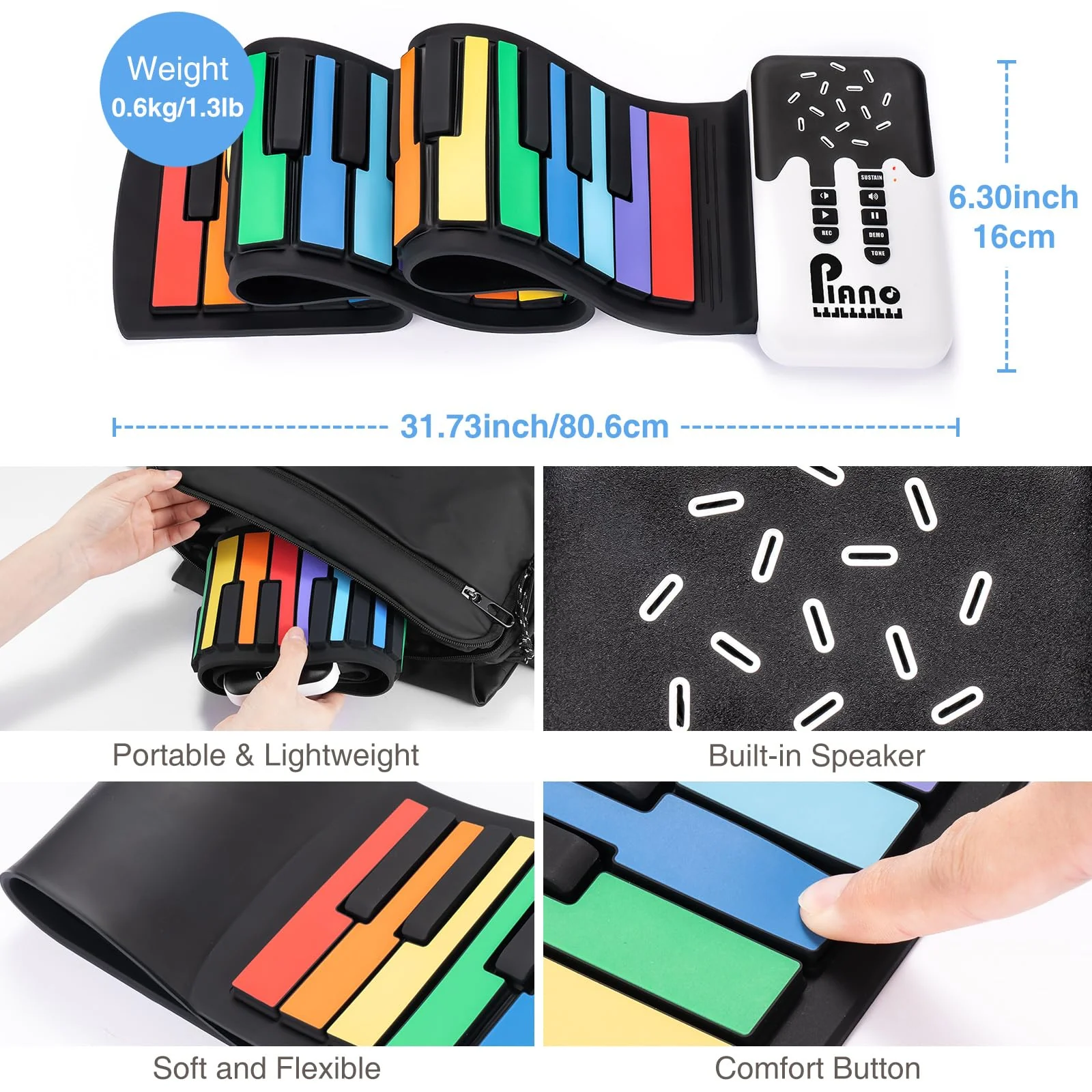 49 Key Roll Up Keyboard Piano, Portable Digital Electric Foldable Piano Keyboard, Rechargeable, 8 Tones, 6 Educational Demo Songs, for Beginners Gift (Rainbow) Rainbow - Image 5