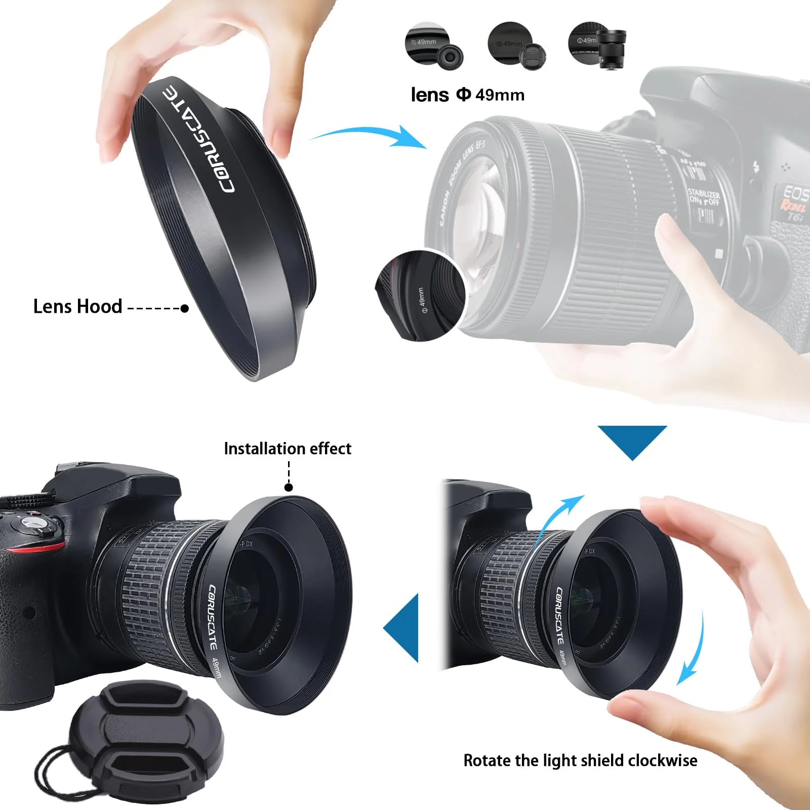 49mm Universal Metal Lens Hood,Wide Angle Lens Hood Compatible All 49mm Brands Camera Lens(and Easy to Install and Remove) 1pcs 49 mm Lens Cap - Image 3
