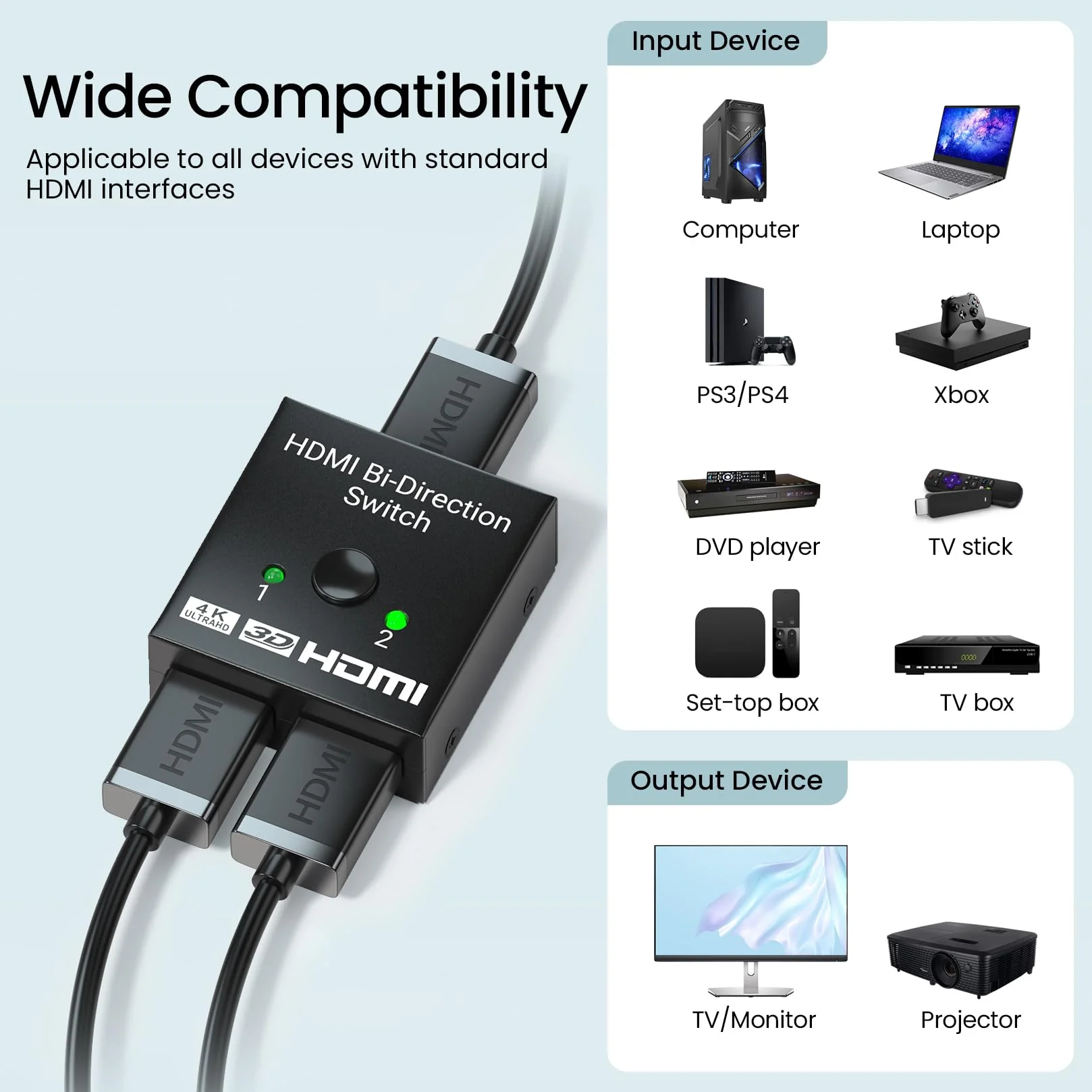 4K/30Hz HDMI Switch, 2 Port HDMI Bi-Direction Manual Switch 2 x 1/ 1x 2 AB Switcher Splitter HDCP Pass Through 4k 2 in 1 out - Image 7