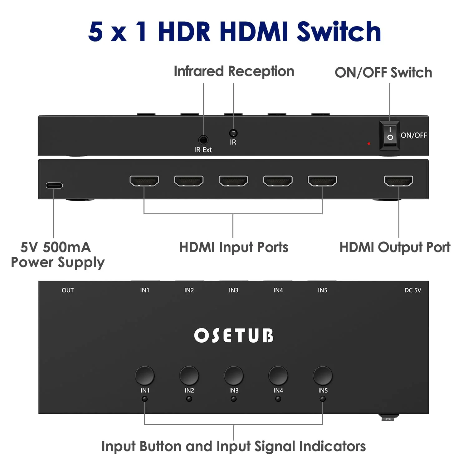 4K@60Hz 5 in 1 Out HDMI Switch, 5 Port HDMI Switcher Selector Support HDR10 & HDCP 2.2 & Full 3D with IR Remote Control Compitable with Nintendo Switch,Xbox PS5/4,Fire Stick,Roku,Apple TV for Gaming 4K@60Hz 5 in 1 Out HDMI Switch Upgraded - Image 2