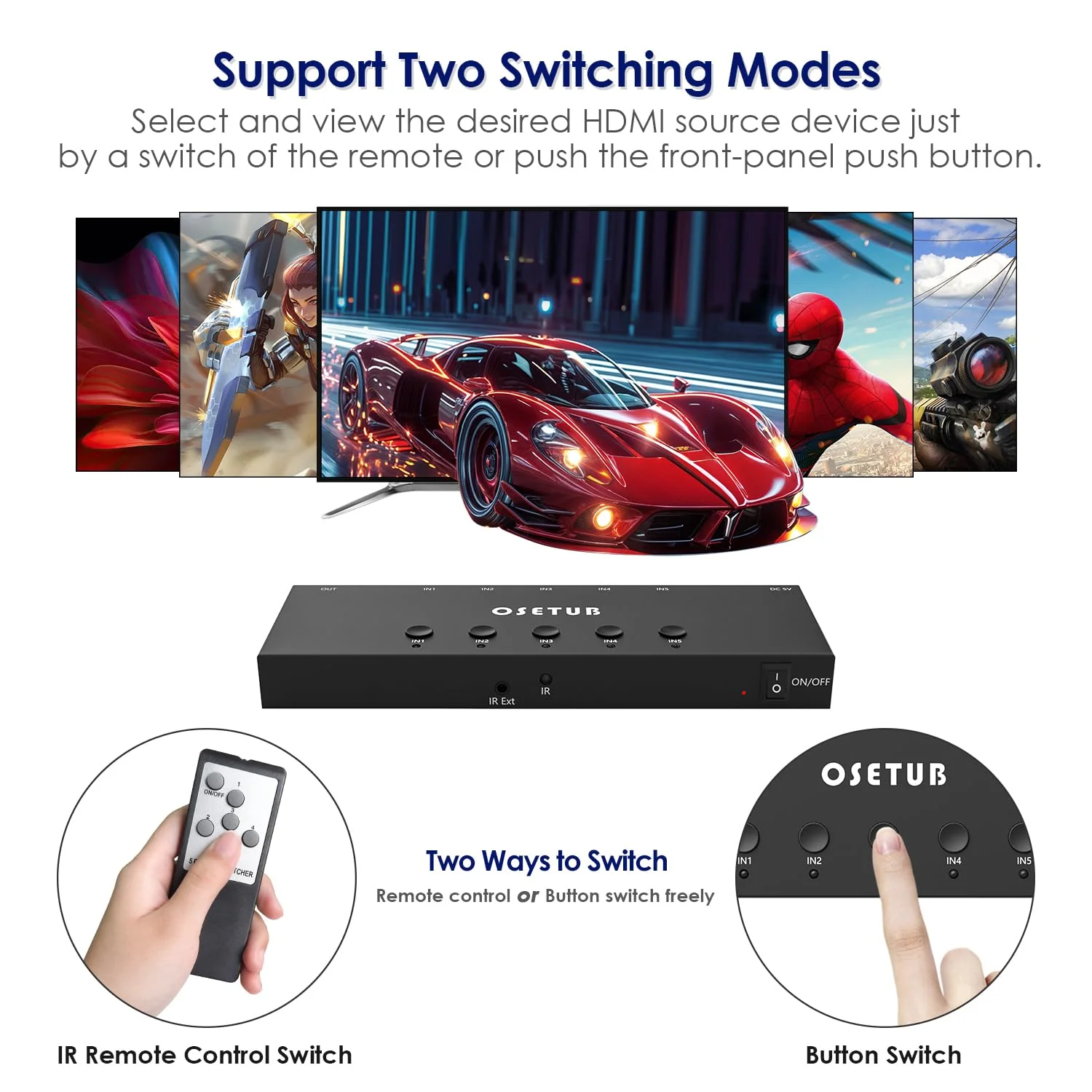 4K@60Hz 5 in 1 Out HDMI Switch, 5 Port HDMI Switcher Selector Support HDR10 & HDCP 2.2 & Full 3D with IR Remote Control Compitable with Nintendo Switch,Xbox PS5/4,Fire Stick,Roku,Apple TV for Gaming 4K@60Hz 5 in 1 Out HDMI Switch Upgraded - Image 4