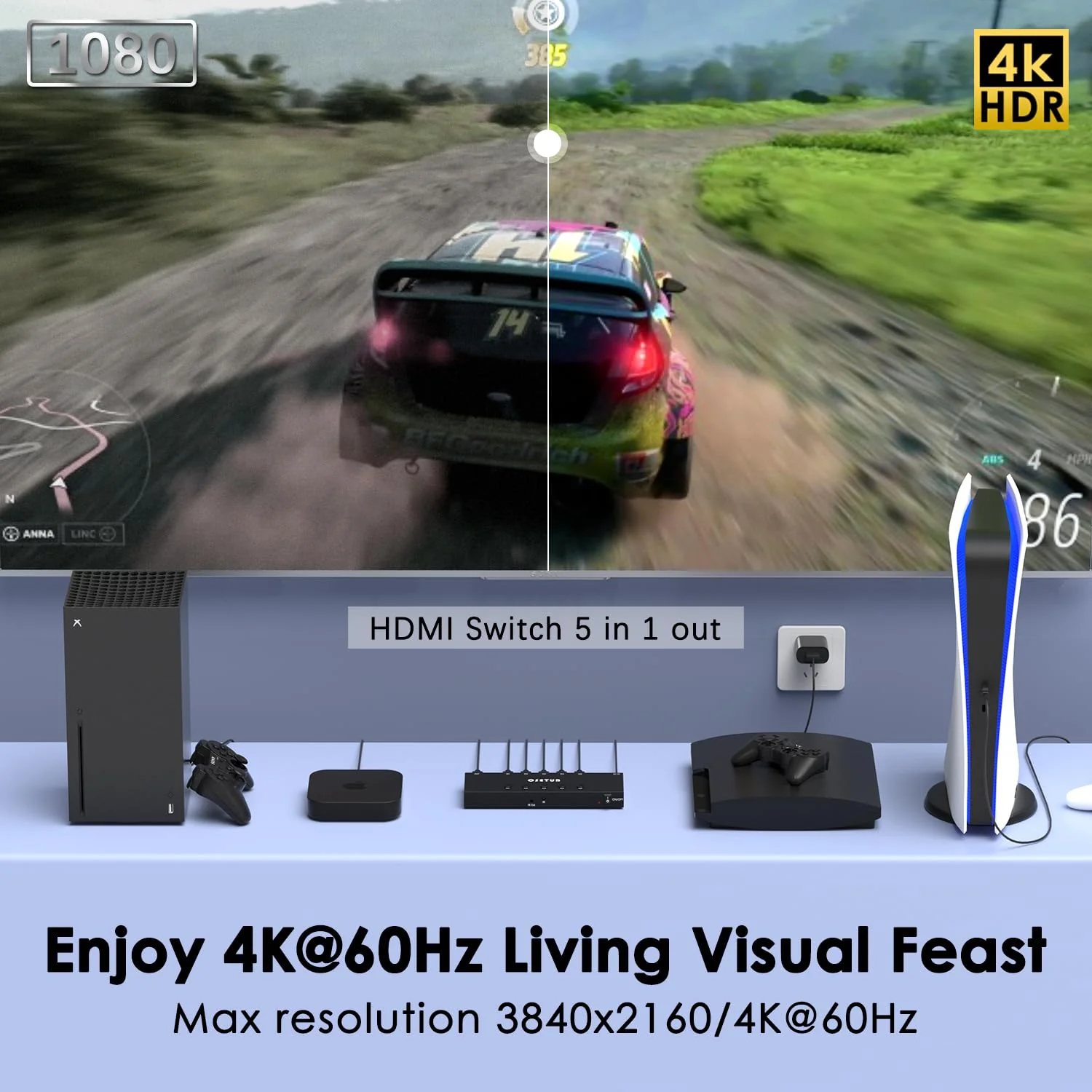 4K@60Hz 5 in 1 Out HDMI Switch, 5 Port HDMI Switcher Selector Support HDR10 & HDCP 2.2 & Full 3D with IR Remote Control Compitable with Nintendo Switch,Xbox PS5/4,Fire Stick,Roku,Apple TV for Gaming 4K@60Hz 5 in 1 Out HDMI Switch Upgraded - Image 5