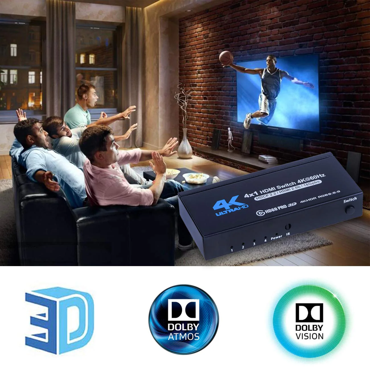 4K HDMI Switch 4x1, 4K@60Hz 4 in 1 Out HDMI Switcher Selector with IR Remote Control, Supports HDCP 2.2 4K@60Hz UltraHD HDR10 3D HD1080P Dolby DST, HDMI Splitter for PS4 Xbox Apple TV Fire Stick - Image 5