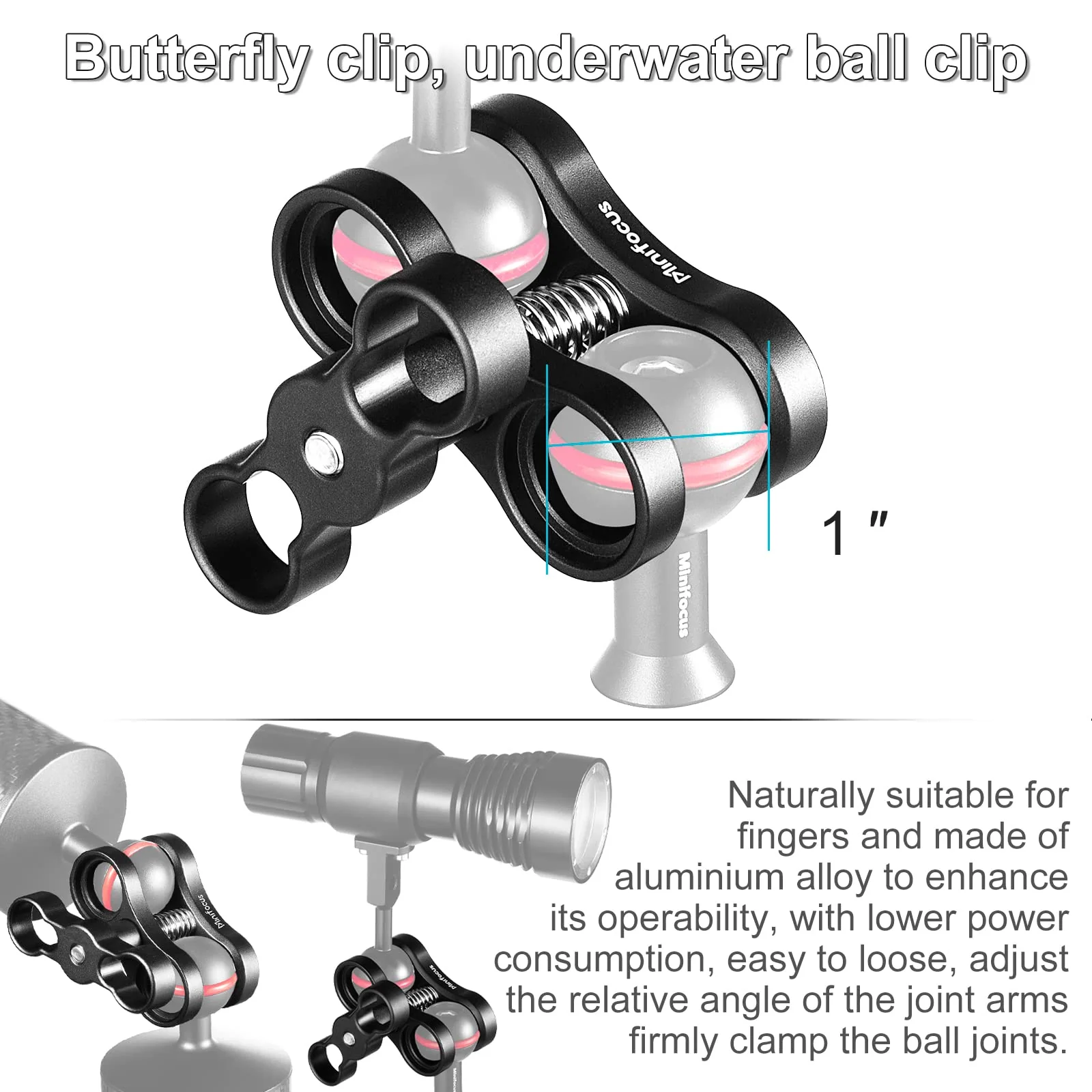 4PCS 1'' Aluminum Ball Clamp Mount for Underwater Diving Light Arms Tray System, Photography Diving Camera, 360° Clip Adapter Bracket for Action Camera Flashlight Arms System 4 Packs Ink Black - Image 3