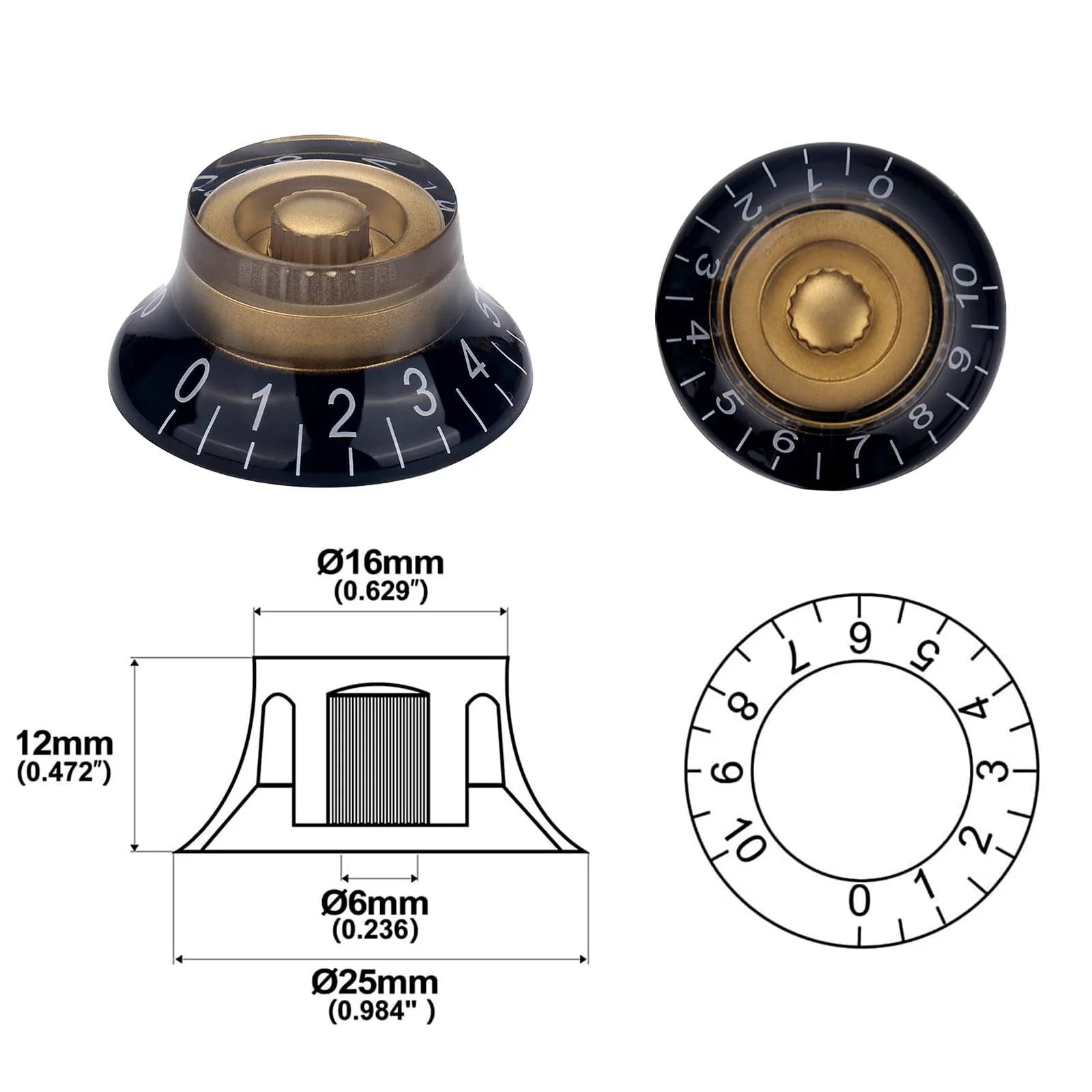 4pcs Bell Top Hat Guitar Knobs Black Gold Guitar Speed Control Volume Tone Knob for Tele Les Paul Style Guitar Bass Accessories (Hat Style) - Image 6