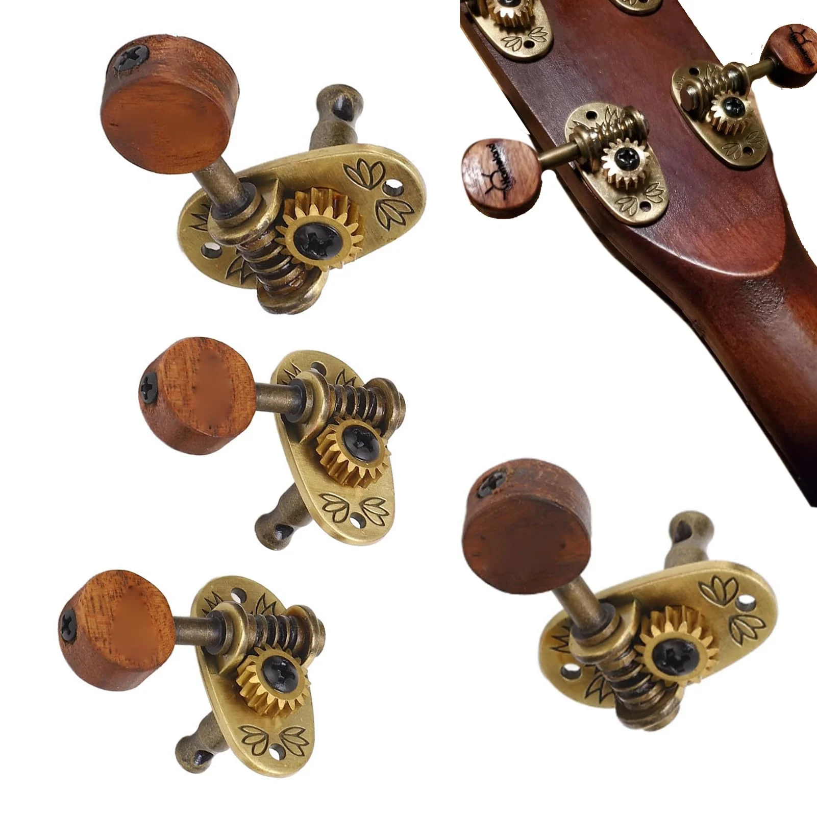 4Pcs Ukulele Tuning Pegs, Acoustic Guitar Pegs 2R 2L Machine Heads, Elegant Rosewood Bronze Zinc Alloy Ukulele Tuners with Sleeves and Screws for 4 String Instruments