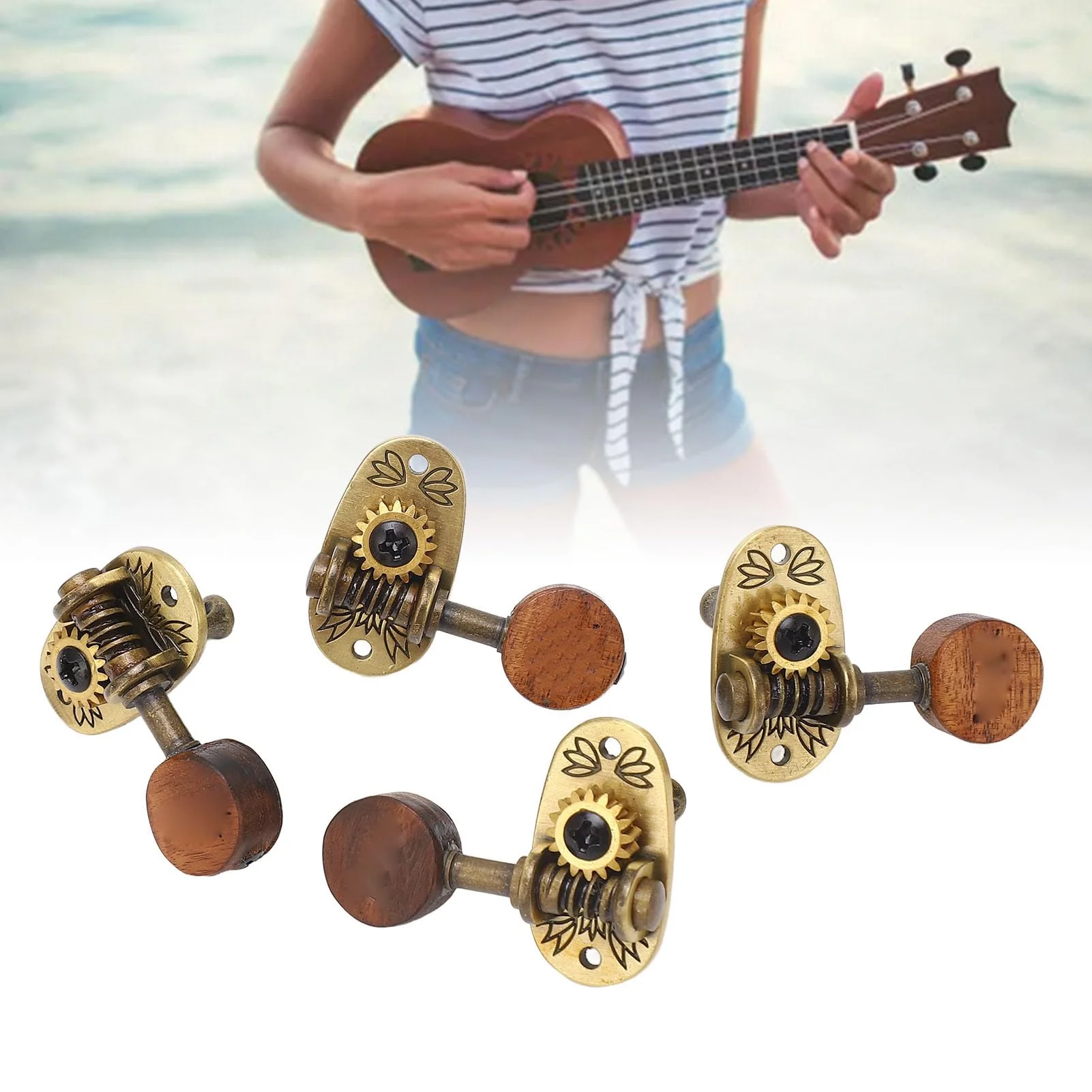 4Pcs Ukulele Tuning Pegs, Acoustic Guitar Pegs 2R 2L Machine Heads, Elegant Rosewood Bronze Zinc Alloy Ukulele Tuners with Sleeves and Screws for 4 String Instruments - Image 4