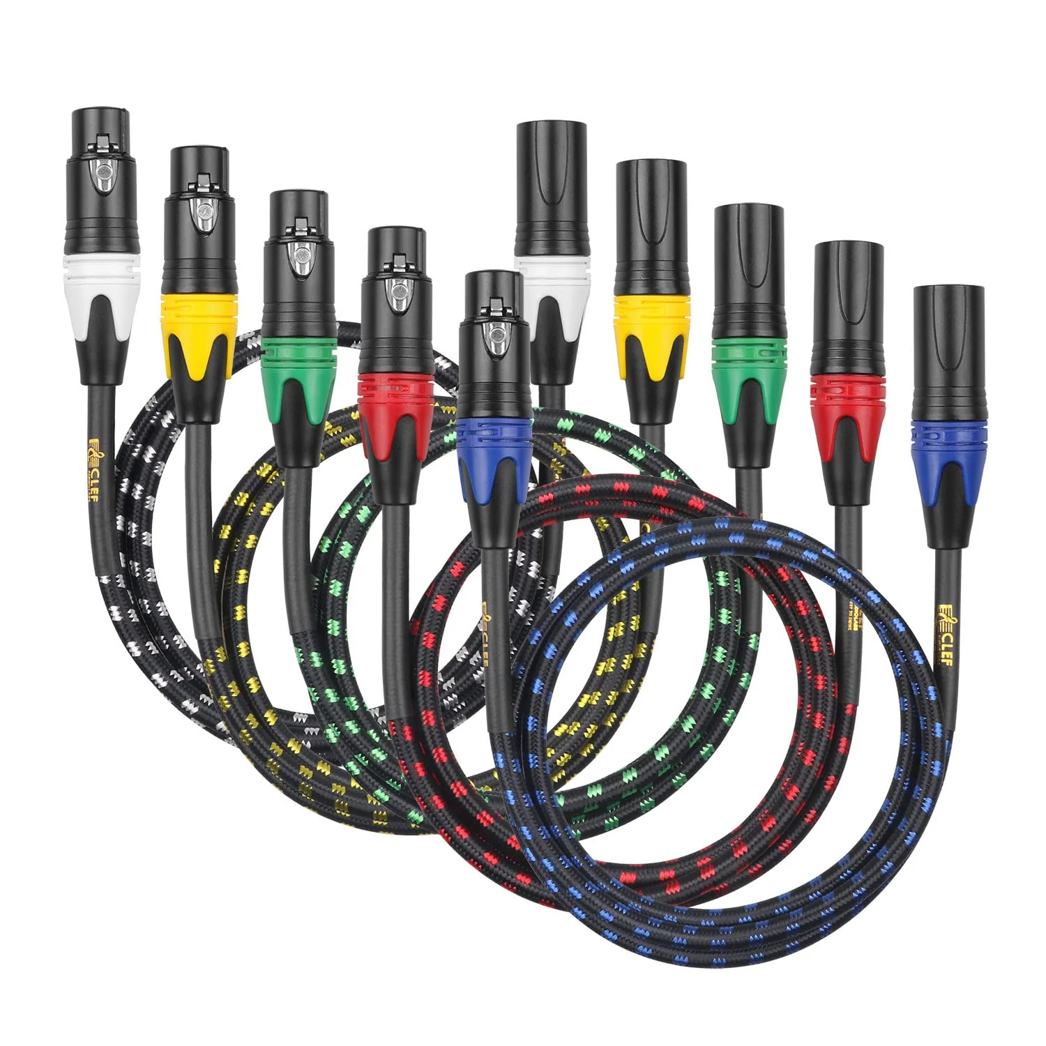 (5-Pack 3-Pin XLR Male to Female Cable, 22AWG, 3FT, Shielded - Black Zinc Alloy Shell with Multi-Color Braided Design - Pro Grade for Studio & Live Performance - Image 2