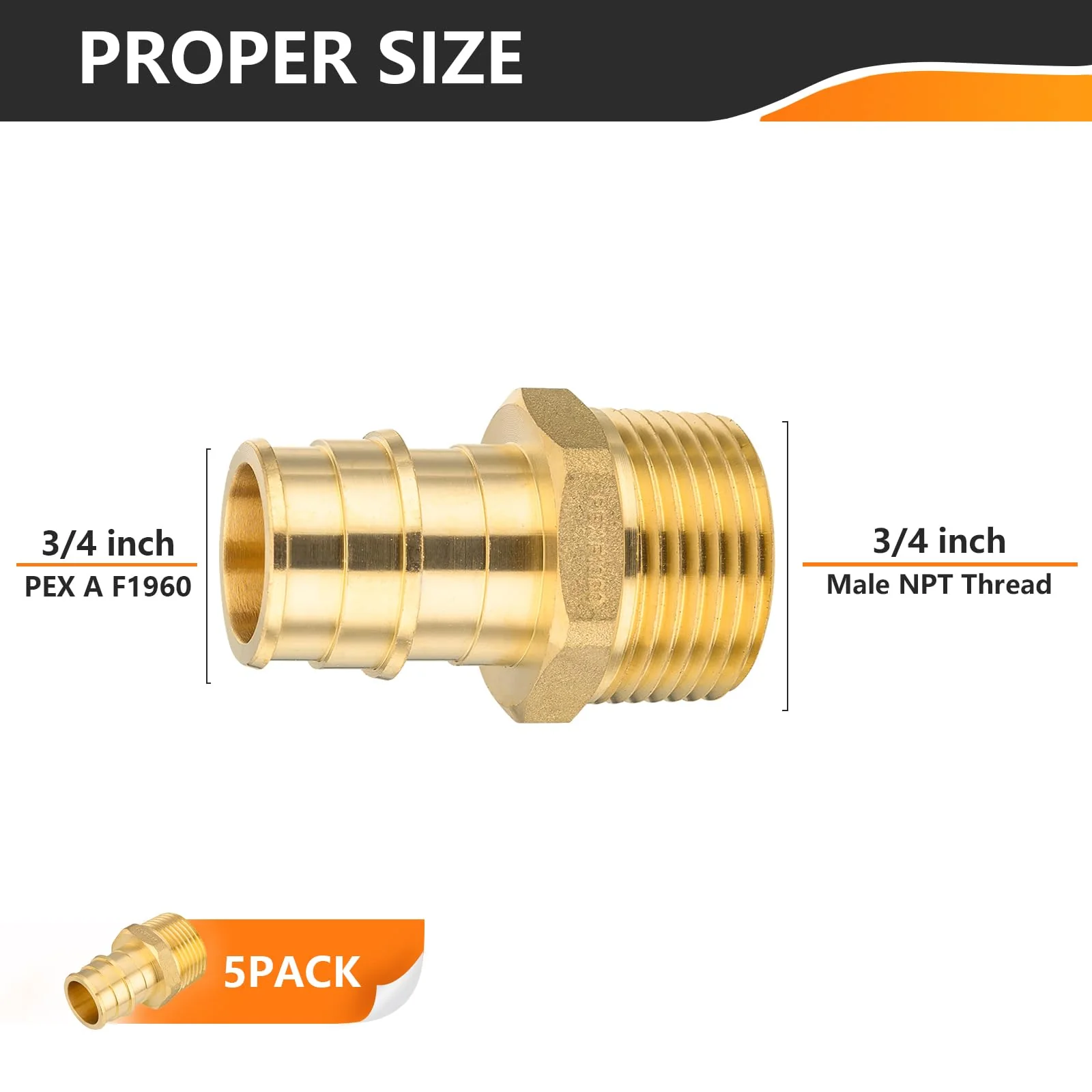 5-Pack HeSun PEX A Expansion Fitting, 3/4 Inch Male Thread Adapter,3/4" Male NPT x 3/4" Pex Expansion Adapter,ASTM F1960(PEX1960018-5) 3/4 Inch,5 Pack Male Adapter - Image 2