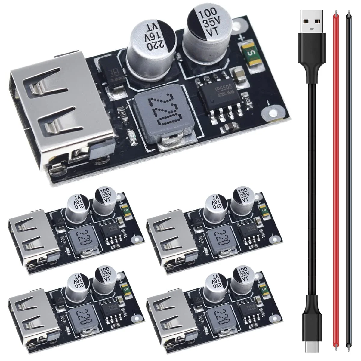 5 Pcs 6-32V 9V 12V 24V to 5V 3A Fast Charging Module USB QC3.0 QC2.0 DC-DC Buck Converter Step-Down Quick Charger Circuit Board with USB Cable, 24AWG Wire 1 Port USB