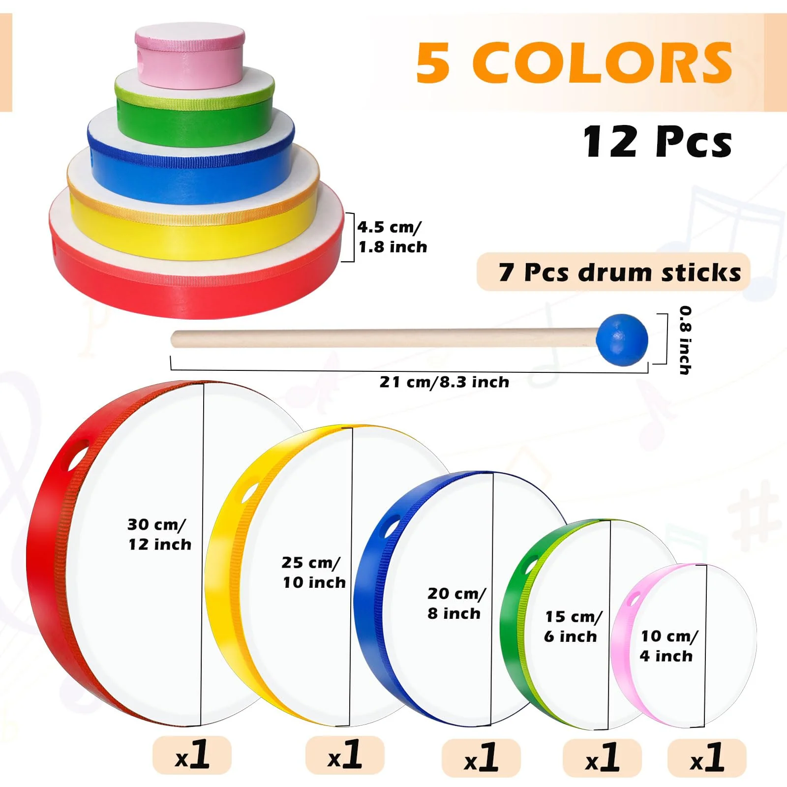 5 Pcs Kids Hand Drums Wood Frame Drum Set with Drum Stick 12 Inch 10 Inch 8 Inch 6 Inch 4 Inch Multicolor Percussion Musical Instruments for School Kids Adults Beginners Home Party Supplies - Image 2