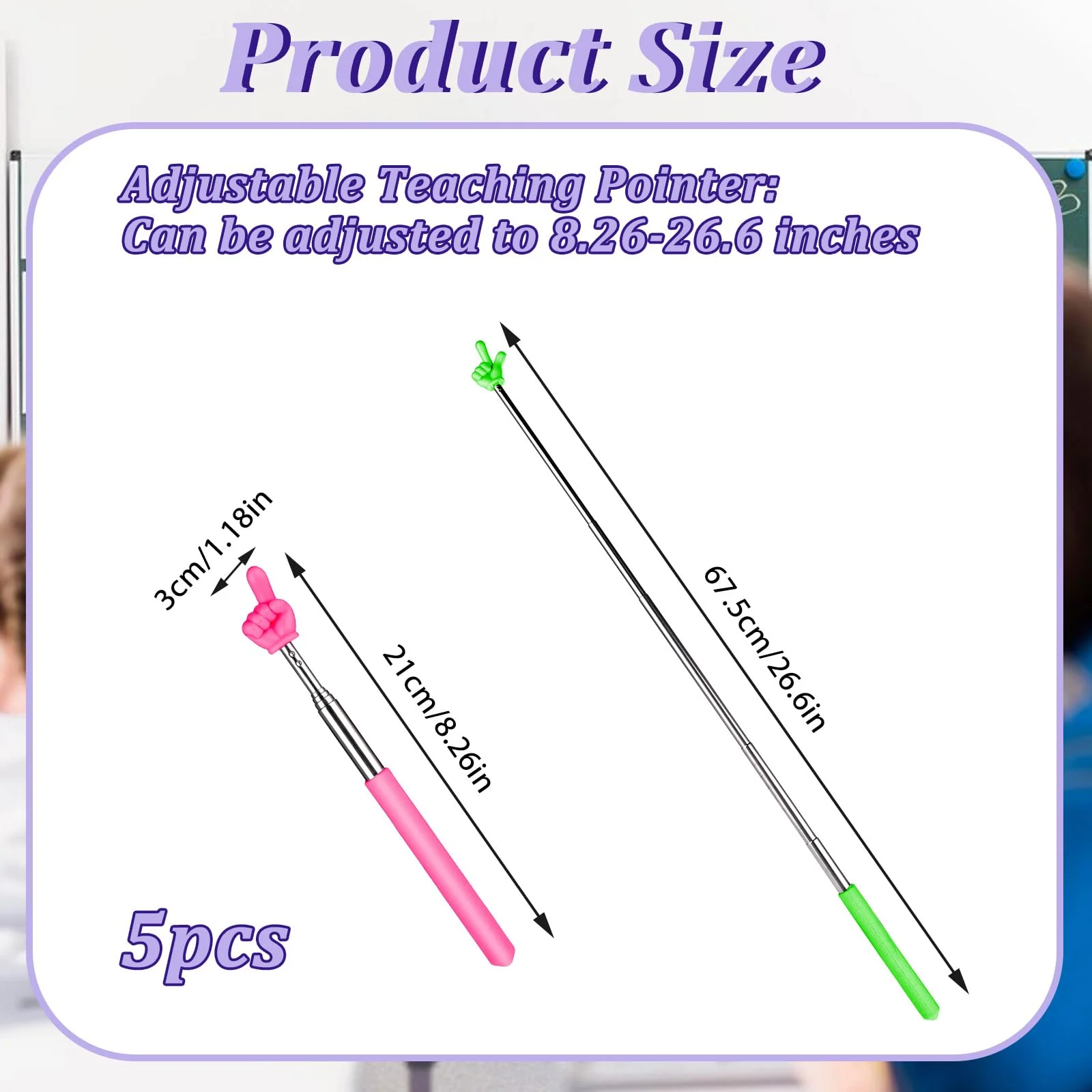 5 Pcs Pointer Stick for Classroom, Retractable Teachers Pointer for Classroom Kids Reading, Finger Pointer Stick Elementary School Kindergarten Teacher Classroom Supplies(Color B) Color B - Image 2