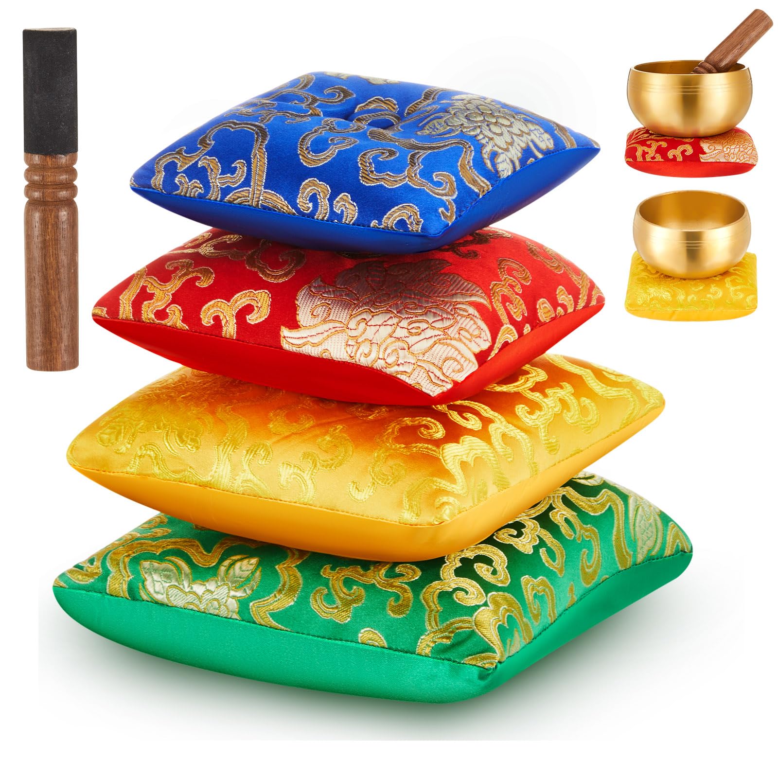 5 Pcs Silk Singing Bowl Cushion Set 4 Square Singing Bowl Cushion Pillow Pad with Wood Mallet for 4-8 Inch Tibetan Crystal Sound Bowls, 4 Sizes