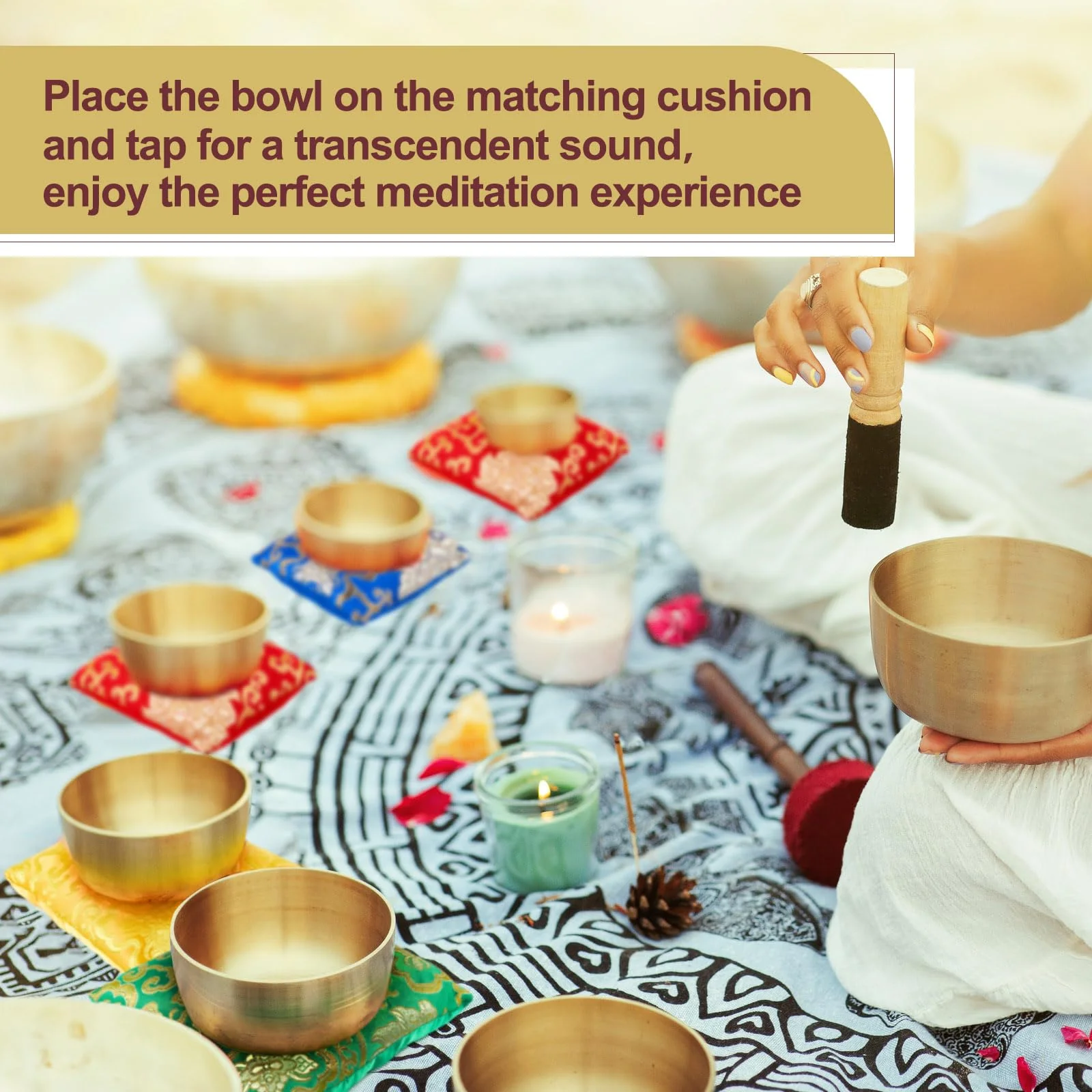 5 Pcs Silk Singing Bowl Cushion Set 4 Square Singing Bowl Cushion Pillow Pad with Wood Mallet for 4-8 Inch Tibetan Crystal Sound Bowls, 4 Sizes - Image 4