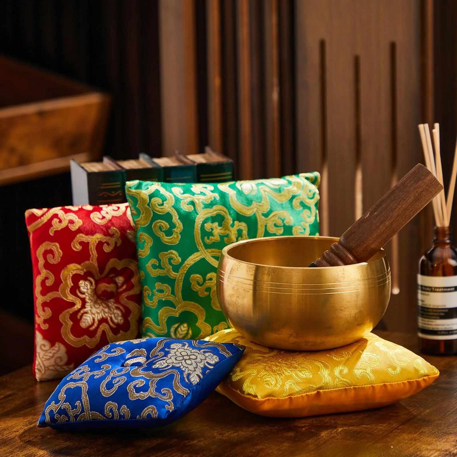 5 Pcs Silk Singing Bowl Cushion Set 4 Square Singing Bowl Cushion Pillow Pad with Wood Mallet for 4-8 Inch Tibetan Crystal Sound Bowls, 4 Sizes - Image 5