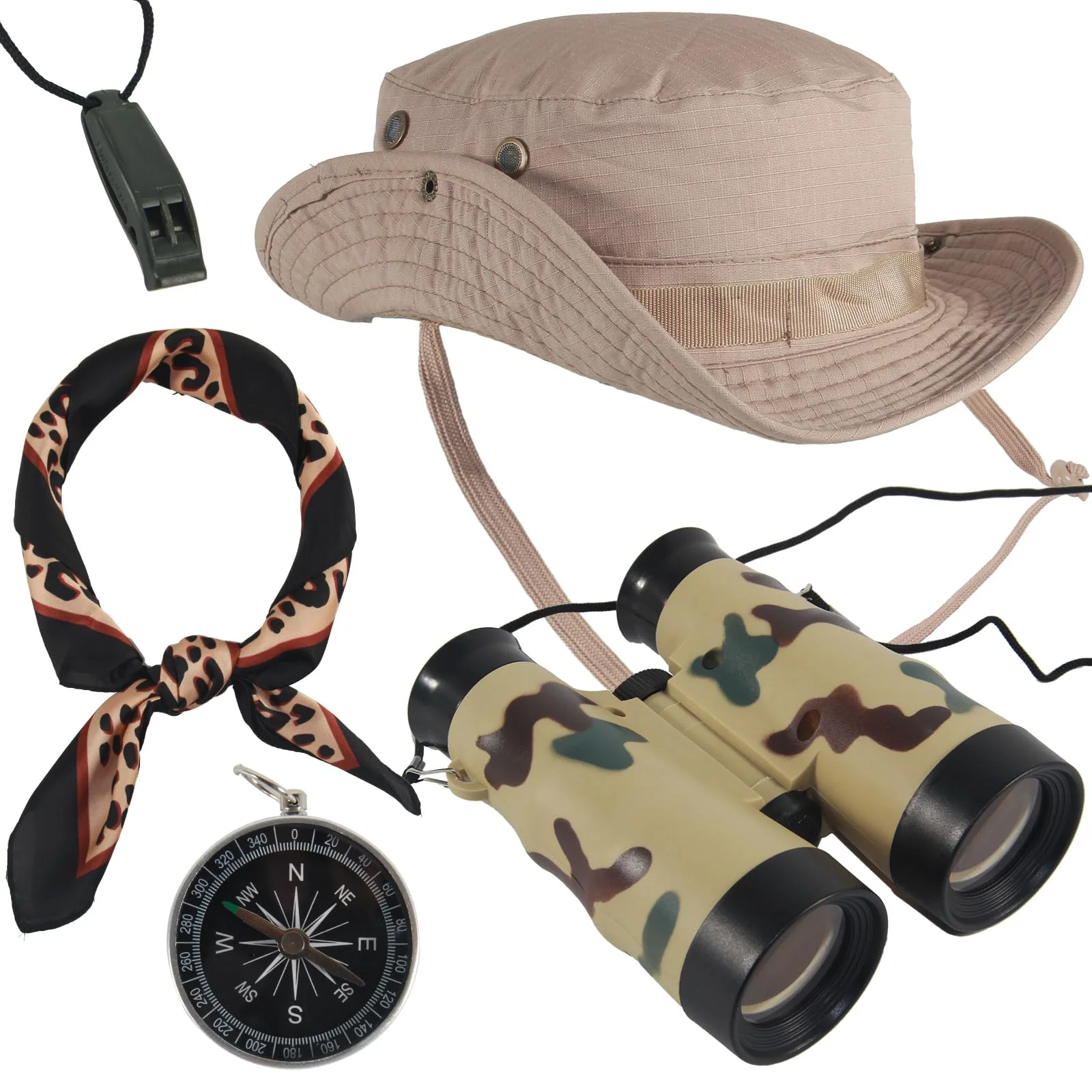 5 Pcs Women Safari Costume Sun Bucket Hat Leopard Neck Scarf Binocular Whistle Compass Safari Outfit Accessories for Halloween Hunting Cosplay