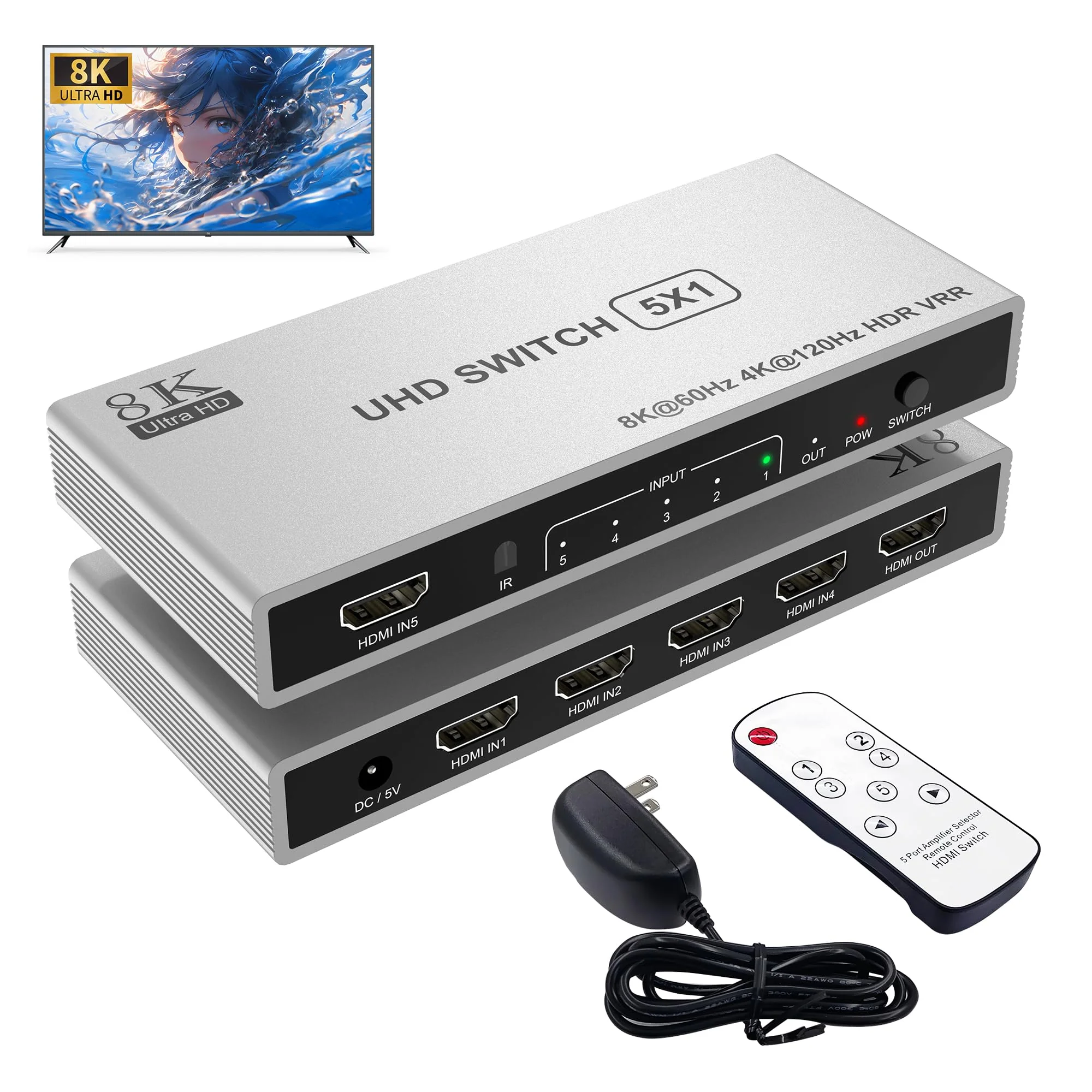 5 Port HDMI 8K Switch with Remote, HDMI 2.1 Switch 4K@120Hz 8K@60Hz HDMI Switcher Splitter 5 in 1 Out, 48Gbps, HDR10+, HDCP 2.3 CEC VRR, for PS5/PS4, Xbox X, TV