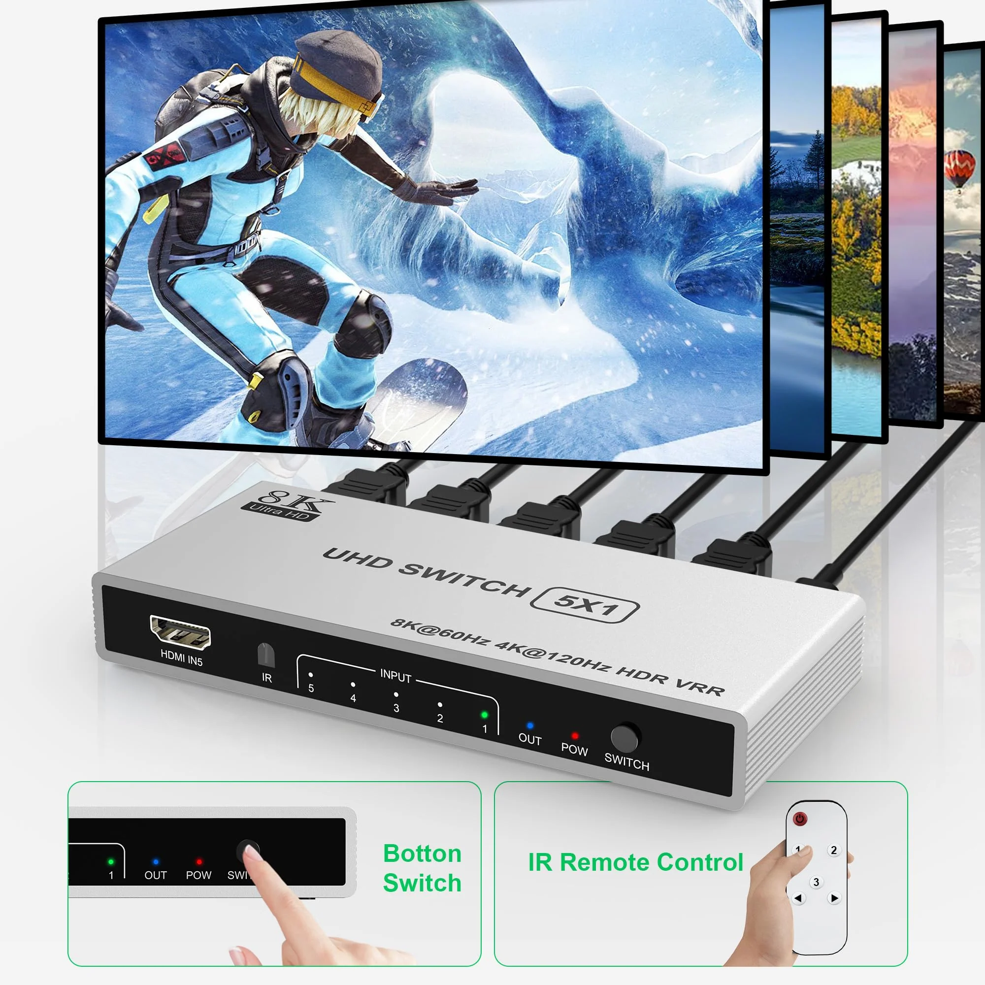 5 Port HDMI 8K Switch with Remote, HDMI 2.1 Switch 4K@120Hz 8K@60Hz HDMI Switcher Splitter 5 in 1 Out, 48Gbps, HDR10+, HDCP 2.3 CEC VRR, for PS5/PS4, Xbox X, TV - Image 5