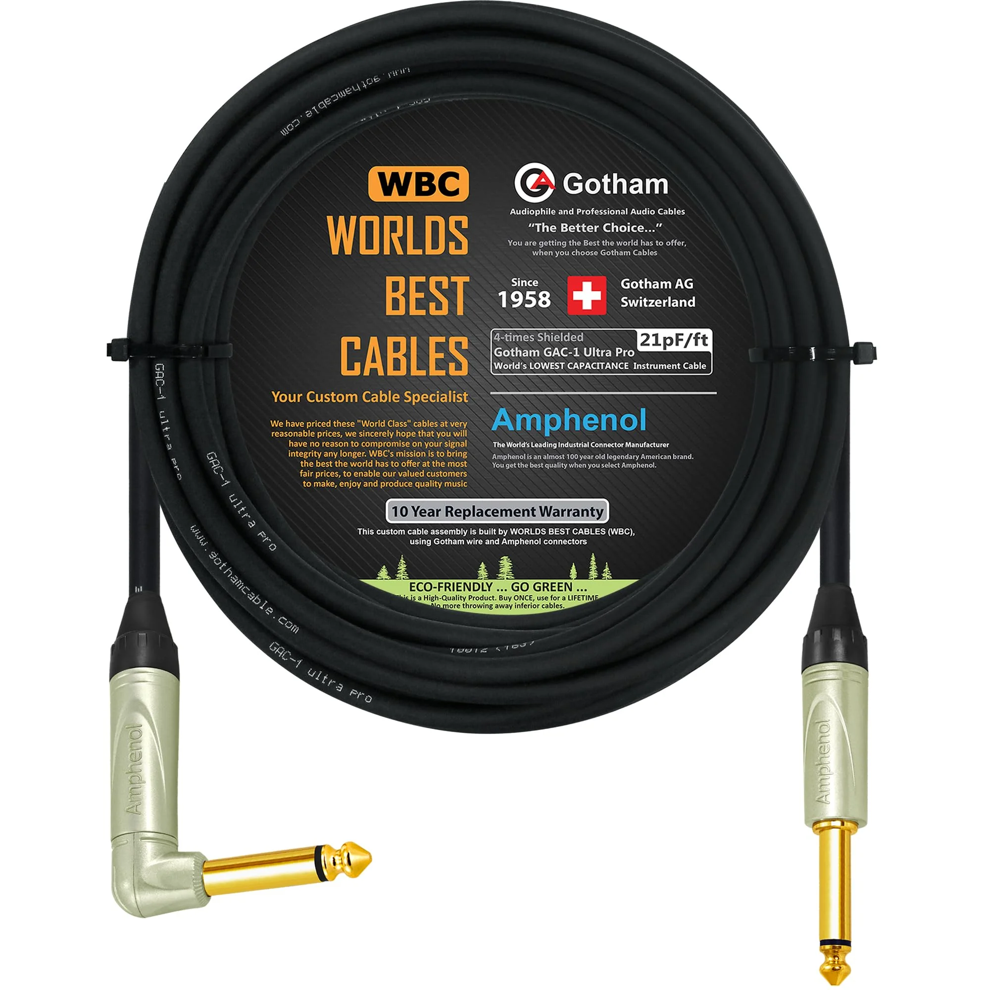 50 Foot - Gotham GAC-1 Ultra Pro (Black) - Premium, Low-Capacitance (21 pf/F) Guitar Bass Instrument Cable - Amphenol QM2R-AU & QM2P-AU ¼ Inch (6.35mm) Gold TS Connectors