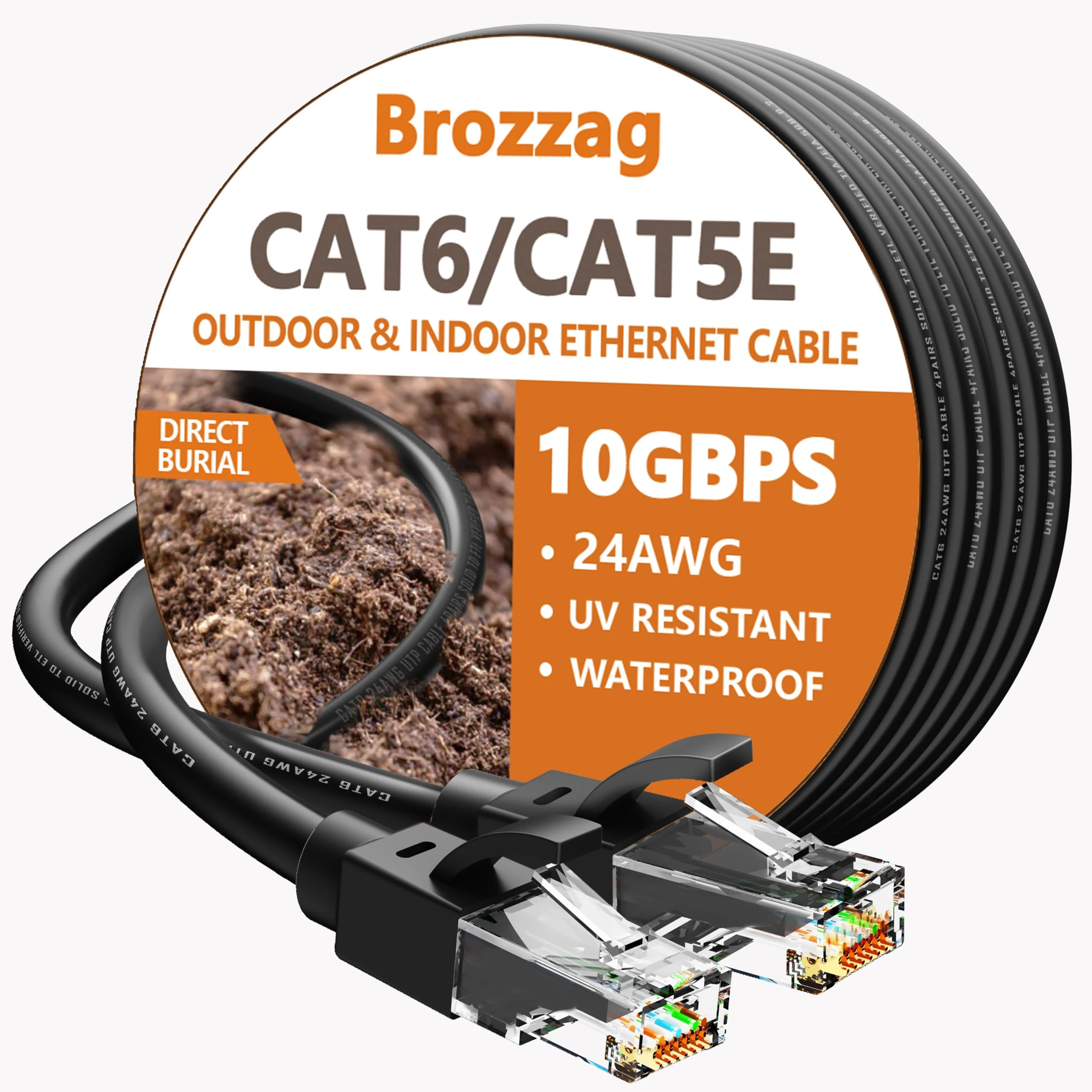 50 Ft Ethernet Cable for Cat5E/Cat6, 10Gbps 24AWG Cat6 Network Cable, Direct Burial Cable, UTP, LLDPE, RJ45 Patch LAN Cord, Waterproof, Indoor&Outdoor, Cat 5E Internet Cable in Black for PC 50Ft