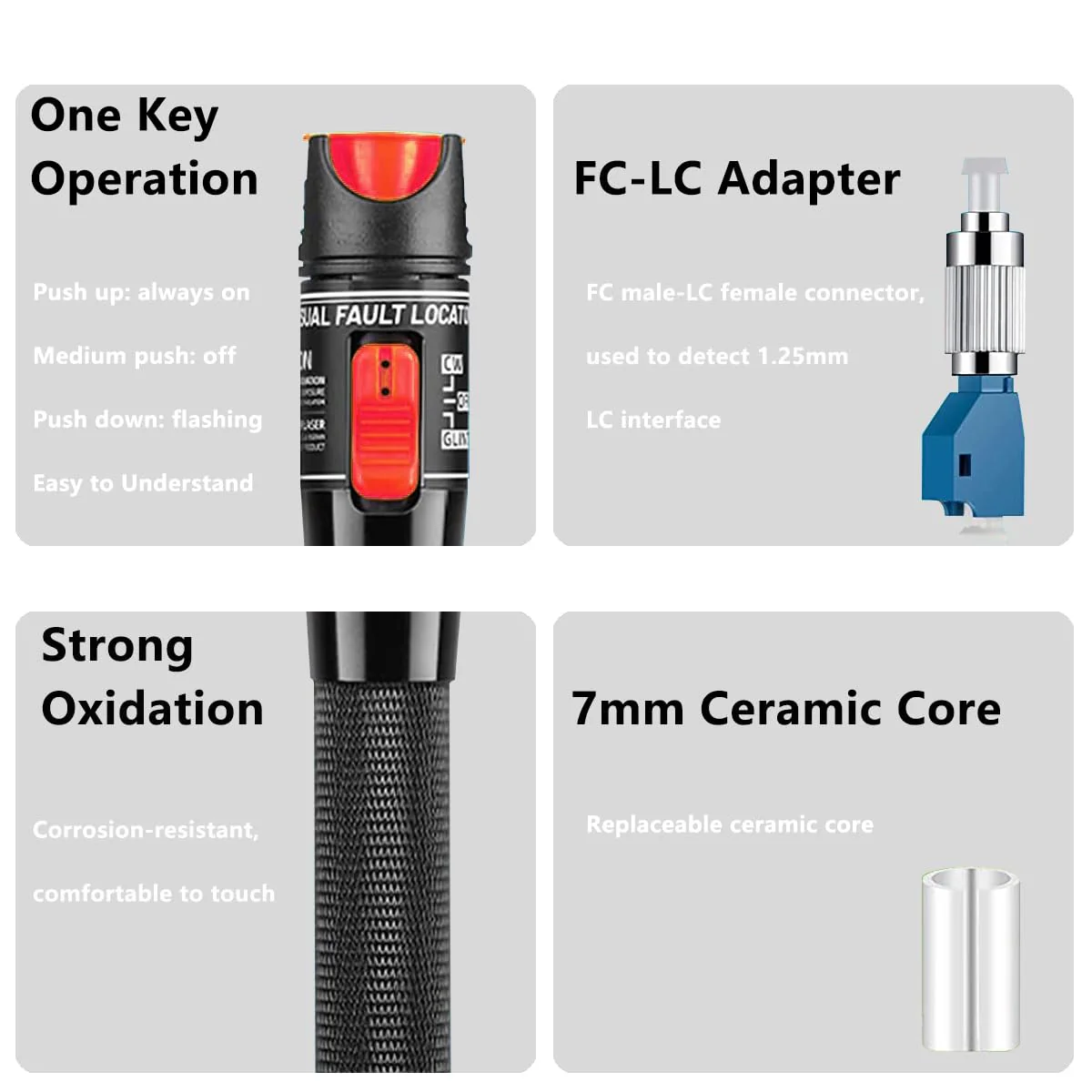 50 MW FTTH Fibre Optic Tester, Visual Fault 50 km Locator Fibre Optic Cable Tester Fibre Optical, VFL Fibre Optic Tester, Fibre Optic Cable Tester with Singlemode 9/125 um FC Male to LC Female Adapter red - Image 5