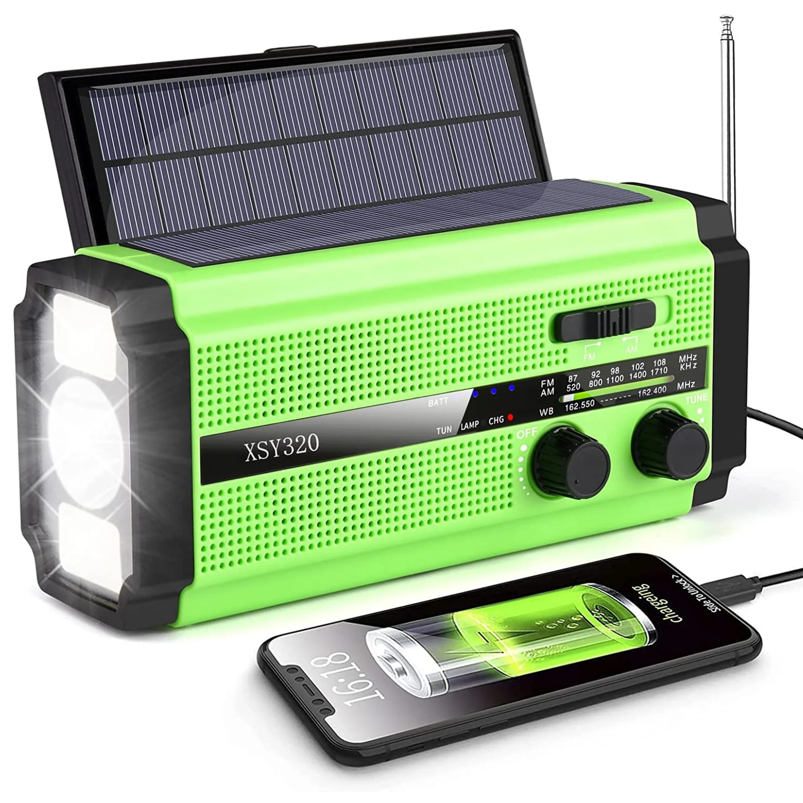 5000mAh/18500mWh Emergency Hand Crank Radio with 2 Solar Panels,Portable AM FM NOAA Weather Radio,Rechargeable Battery Powered Radio,USB Charger,SOS,Flashlight,Reading Lamp for Home Outdoor Green