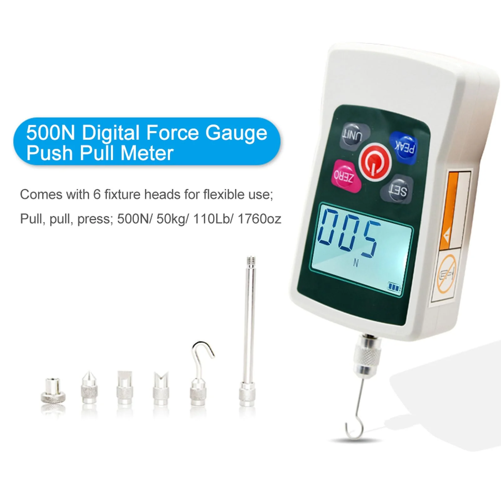 500N Digital Force Gauge, Pressure Pull Dynamometer, Handheld Pressure Tension Gauge with Unit Switching, Backlit Display and Automatic Shut-Off - Image 5