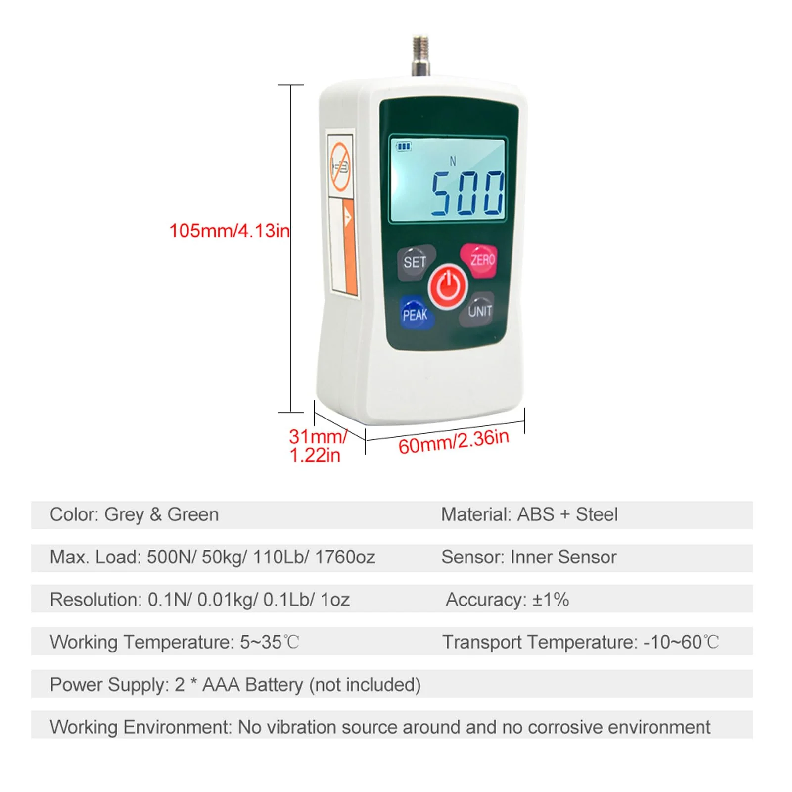 500N Digital Force Gauge, Pressure Pull Dynamometer, Handheld Pressure Tension Gauge with Unit Switching, Backlit Display and Automatic Shut-Off - Image 7