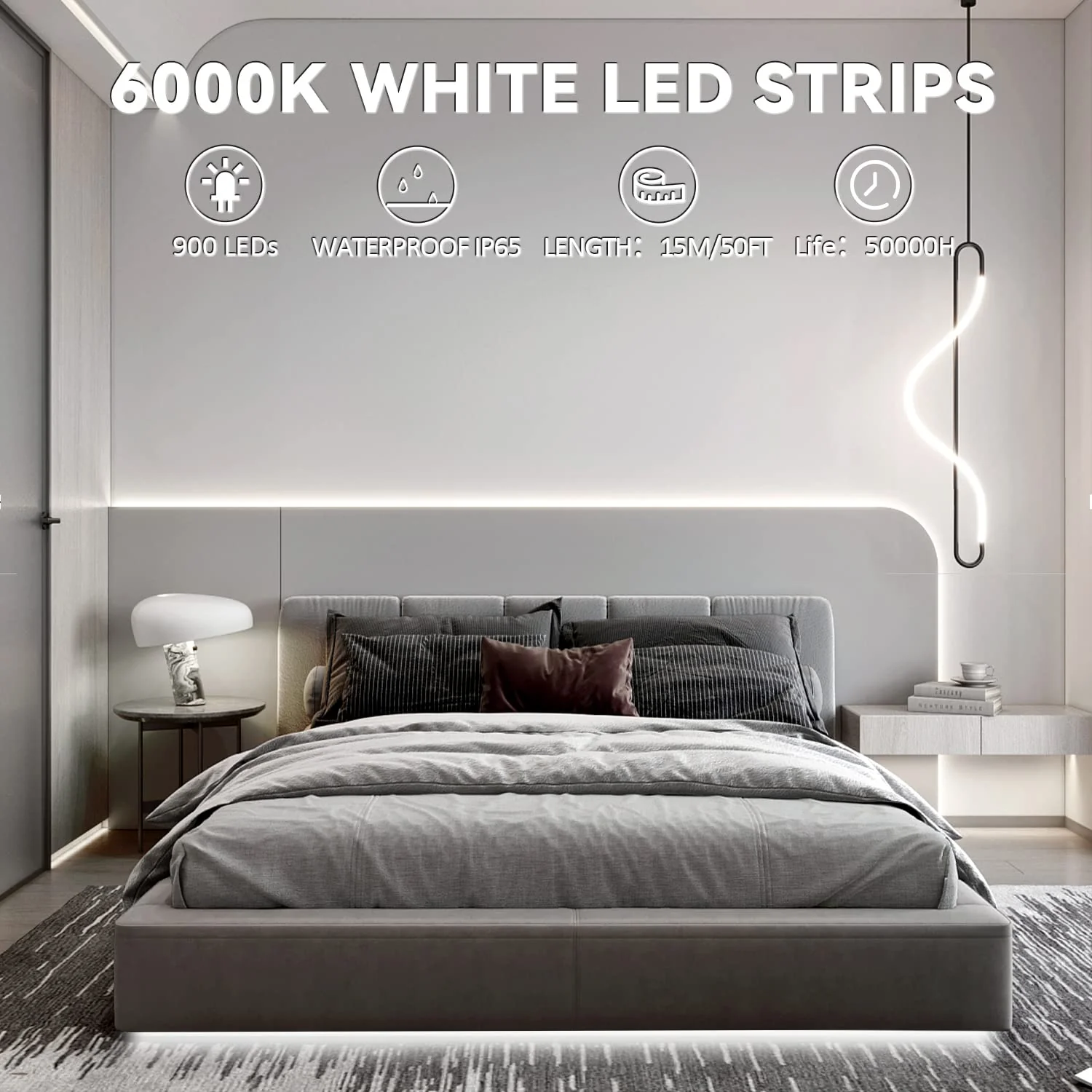 50ft Waterproof LED Strip Lights, 6000K Daylight White IP44 Tape Light, 15M 12V Rope Light Strong 3M Adhesive, for Home,Kitchen, Patio, Balcony, Party, Wedding, Indoor and Outdoor Decor 50ft-kit - Image 2
