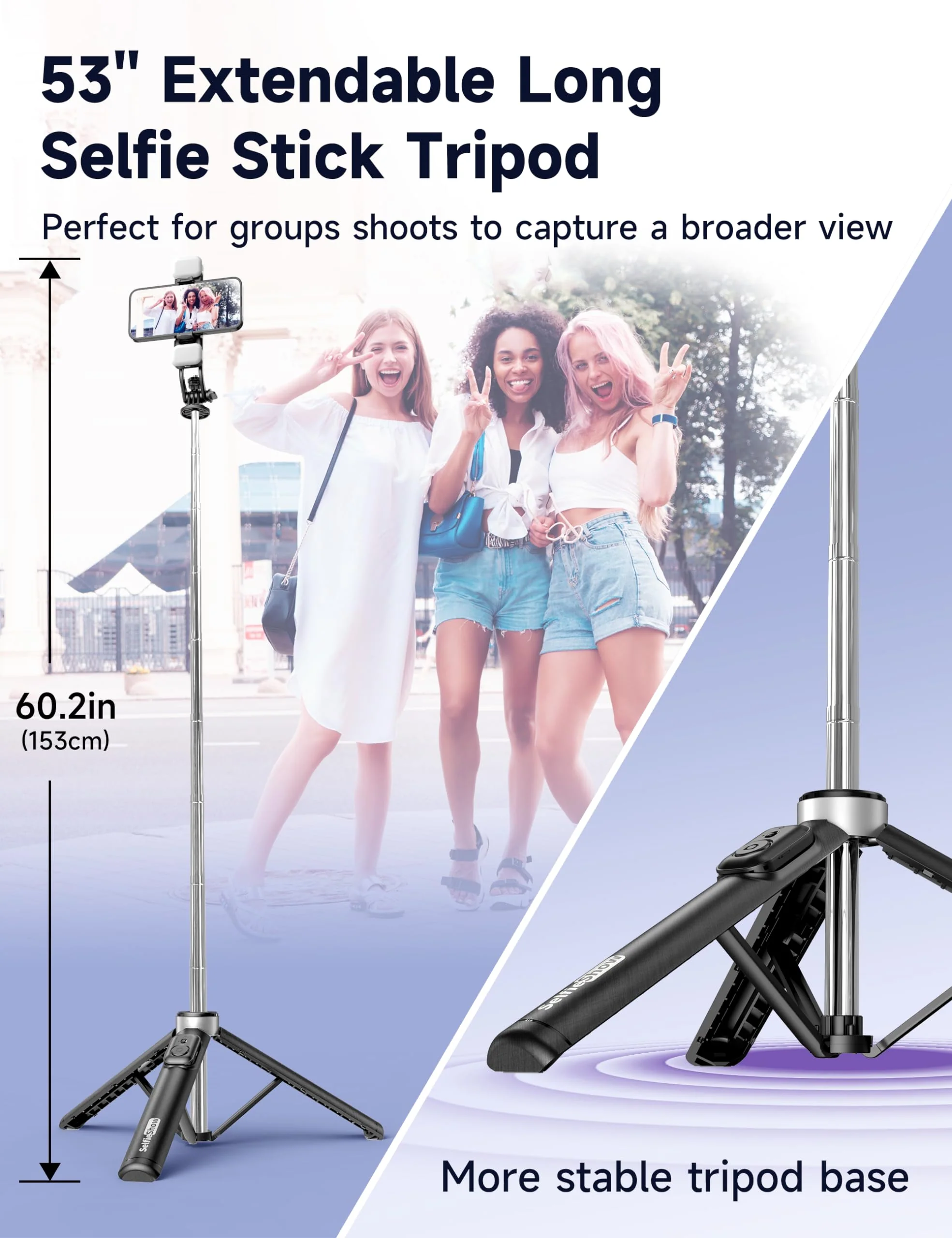 53'' Selfie Stick Tripod with Light, Extendable Selfie Stick with Remote, Portable Cell Phone Tripod Stand with All in 1 Phone Clip, Lightweight Camera Tripod Compatible with iPhone 15 14 13, Android - Image 3