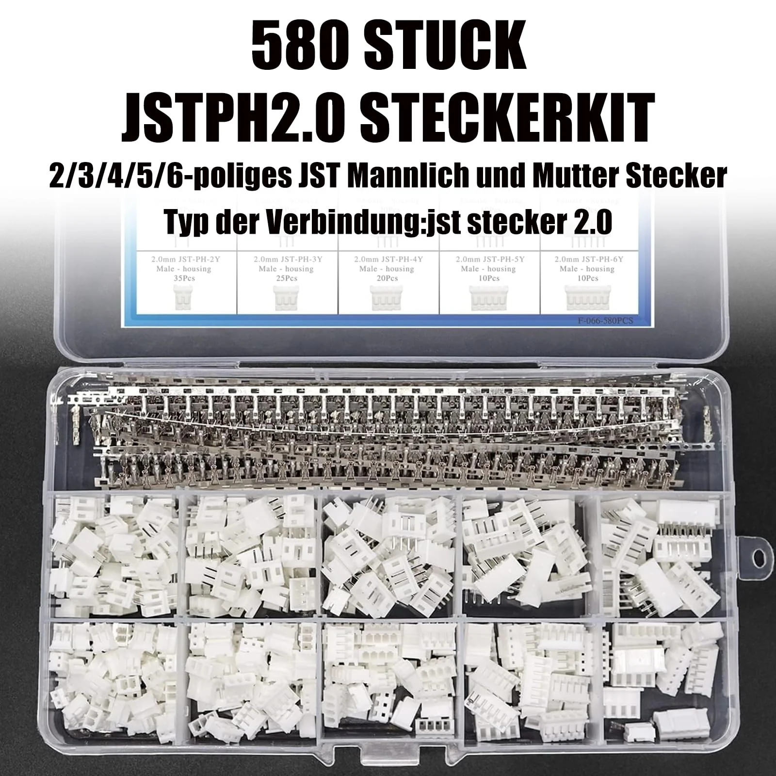 580 pieces JST-XH plug kit, PH 2.0 2/3/4/5/6-pin JST adapter male and male socket, adapter cable, 2.54 mm female metal pin connector, adapter F-066-580 pieces - Image 2
