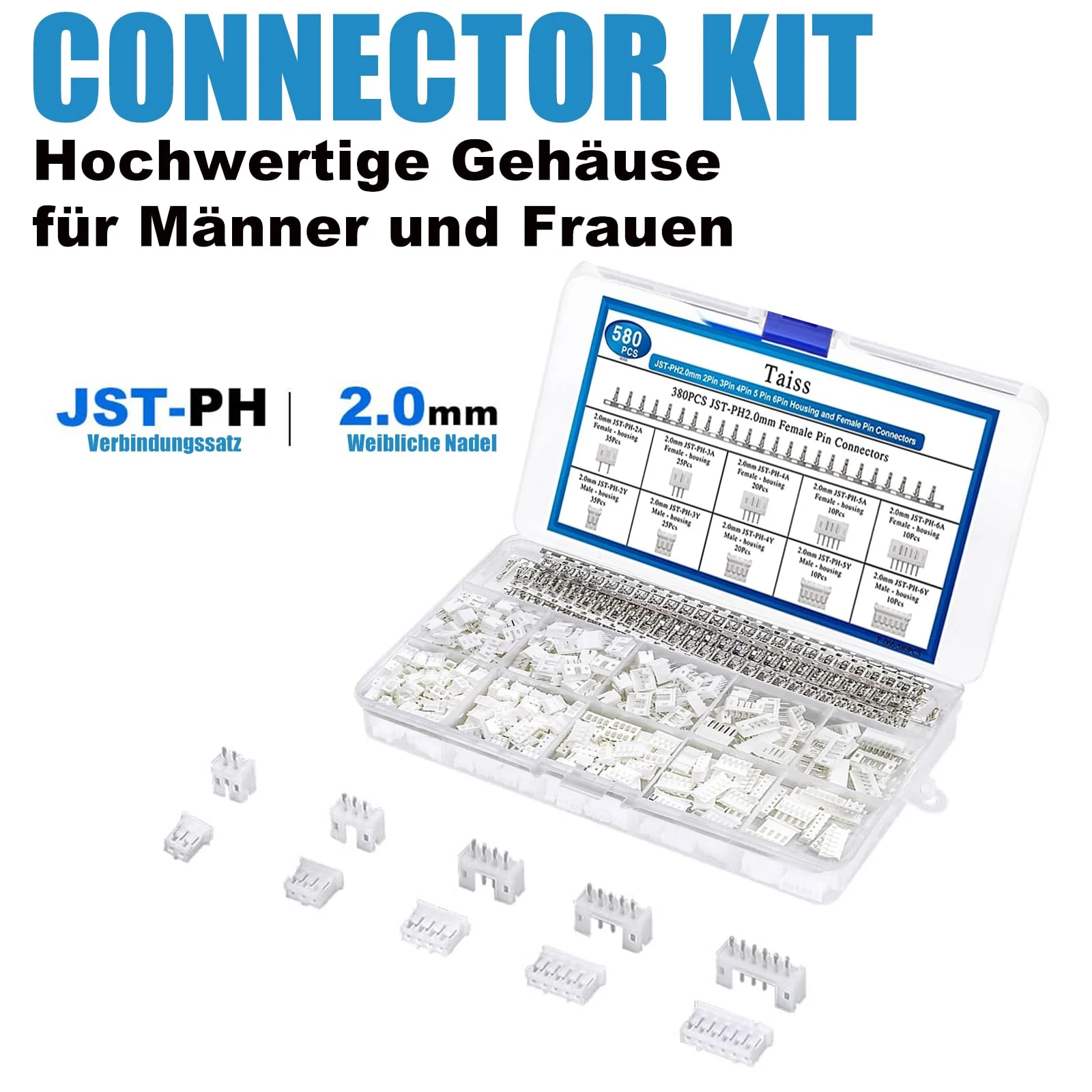 580 pieces JST-XH plug kit, PH 2.0 2/3/4/5/6-pin JST adapter male and male socket, adapter cable, 2.54 mm female metal pin connector, adapter F-066-580 pieces - Image 5