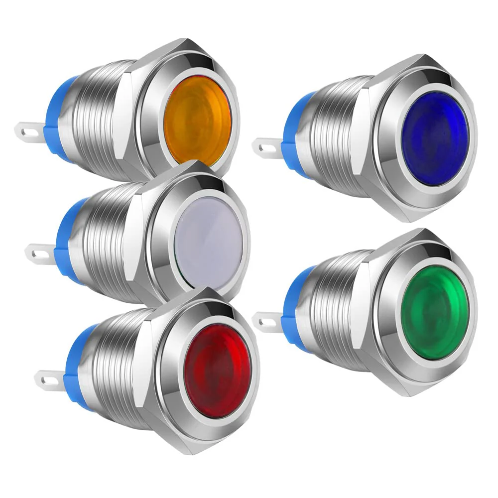 5pcs 12mm AC/DC 12-24V Stainless Steel Waterproof LED Indicator Light Metal Shell Pilot Custom Dash Signal Lamp Concave Head 12mm Without wire