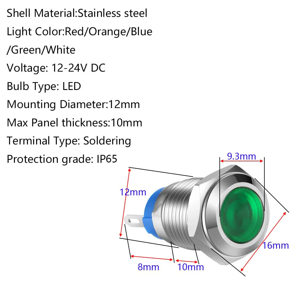 5pcs 12mm AC/DC 12-24V Stainless Steel Waterproof LED Indicator Light Metal Shell Pilot Custom Dash Signal Lamp Concave Head 12mm Without wire - Image 4